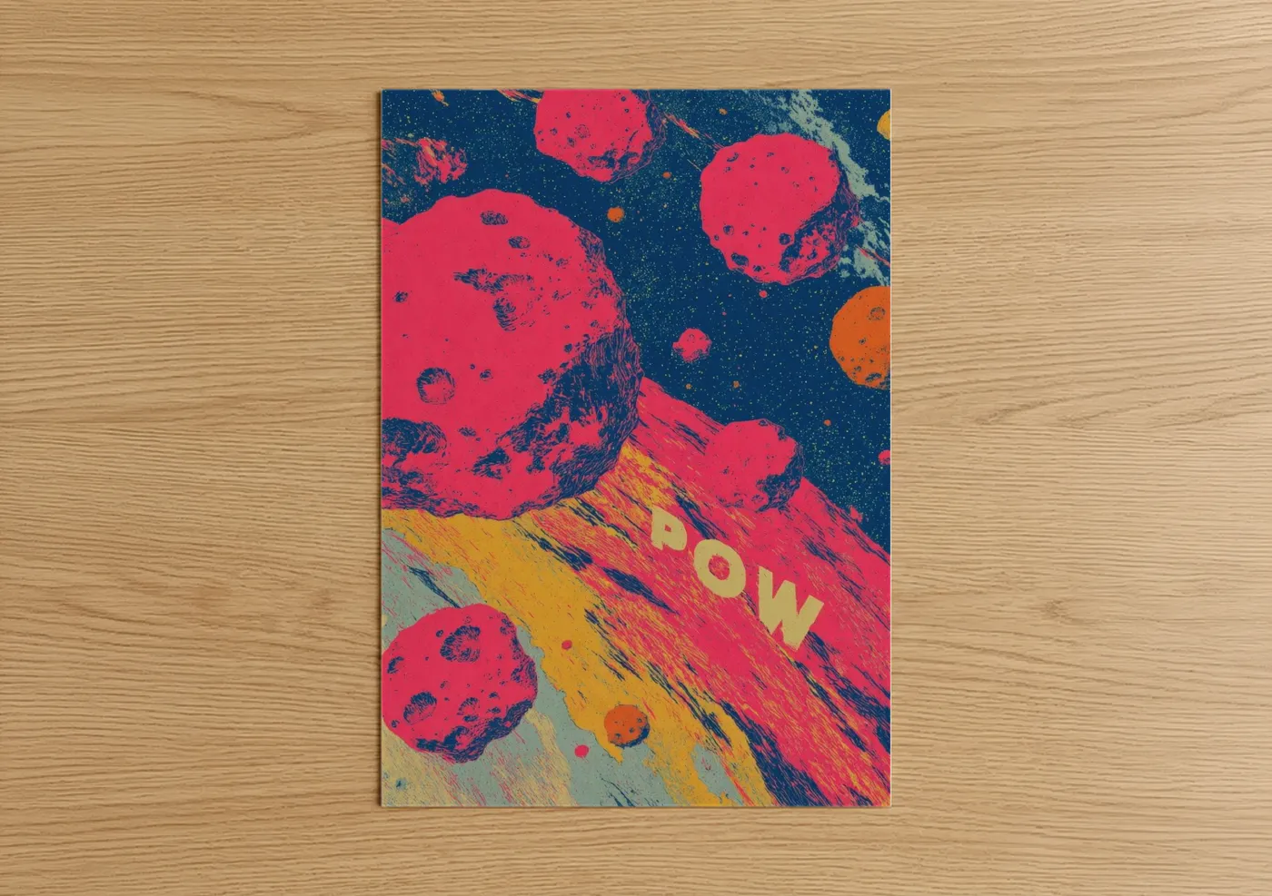 Astroids and comets art print on warm oak wood — magenta and dark blue palette — Cosmic Impact poster