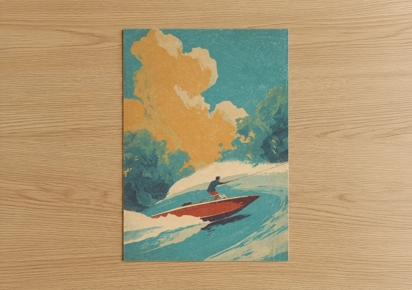 Golden Wave Wakeboarder Vintage Water Sport Wall Art