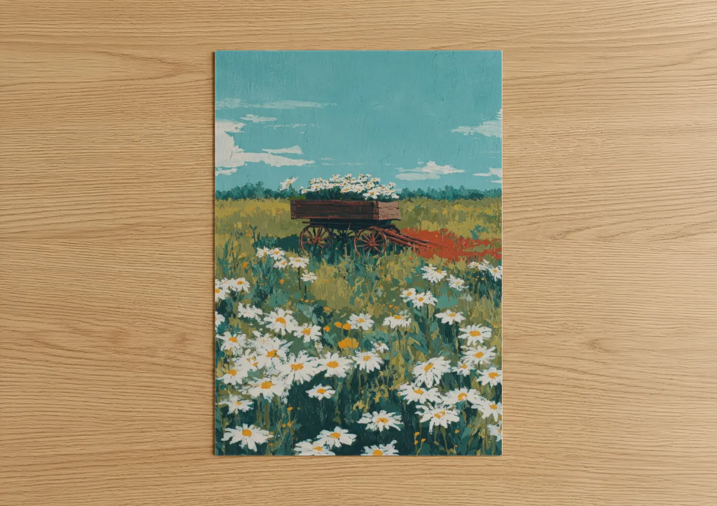 Wooden Wagon Daisy Field Landscape Wall Art