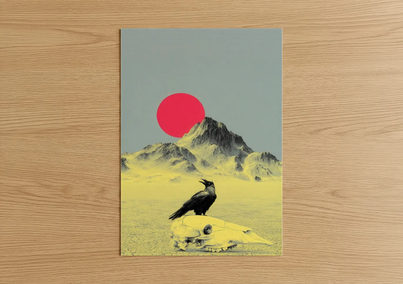 Crows and ravens art print on warm oak wood — magenta and yellow gold palette — Surreal Raven poster