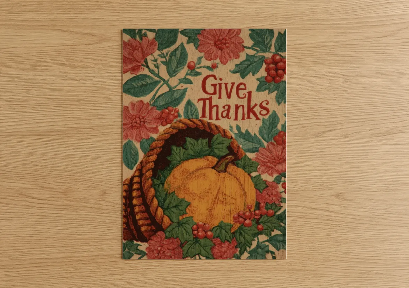 Thanksgiving art print on warm oak wood — red and dark green palette — Harvest Gratitude poster