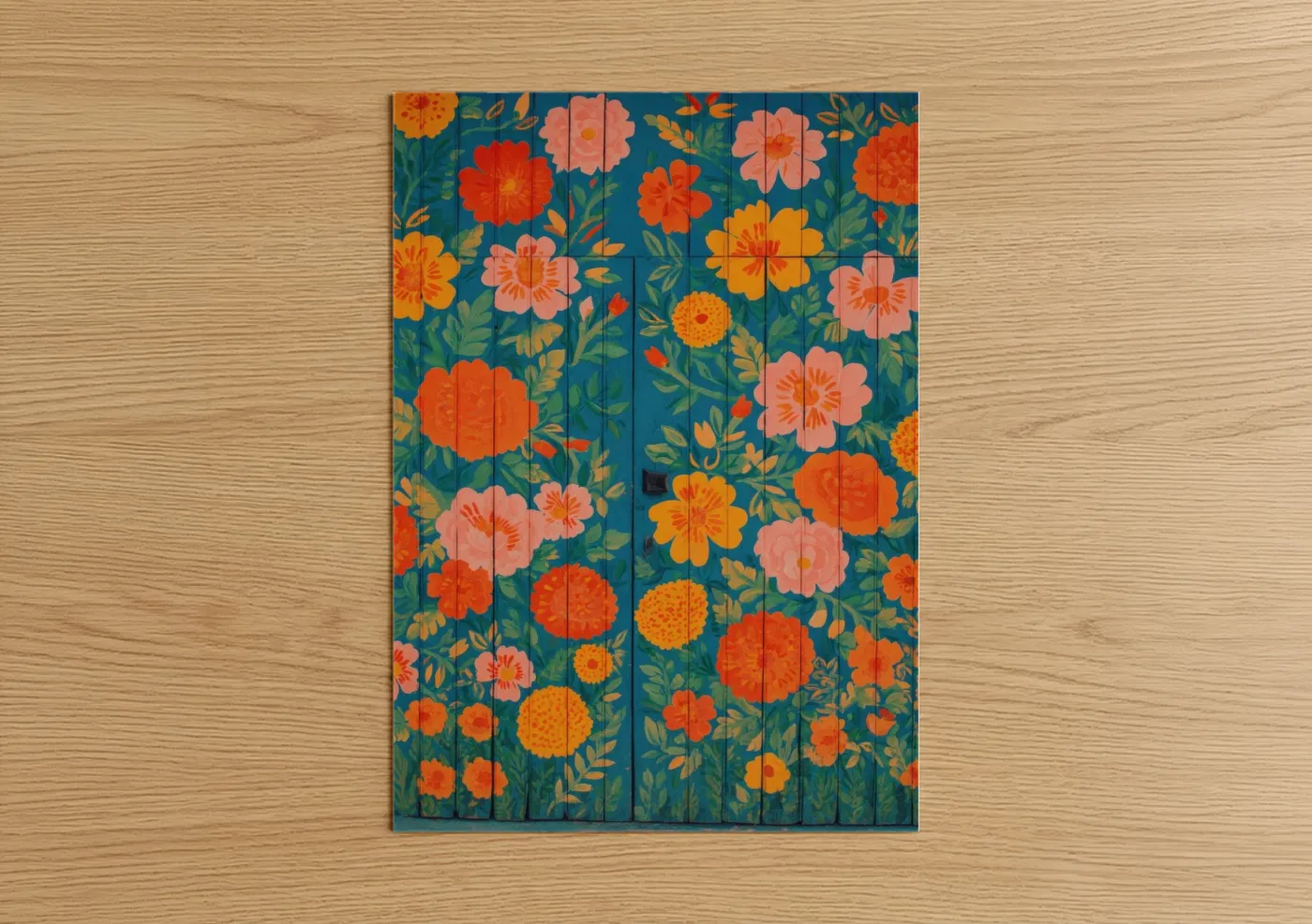 Art print on warm oak wood — teal and orange palette — Floral Gate poster