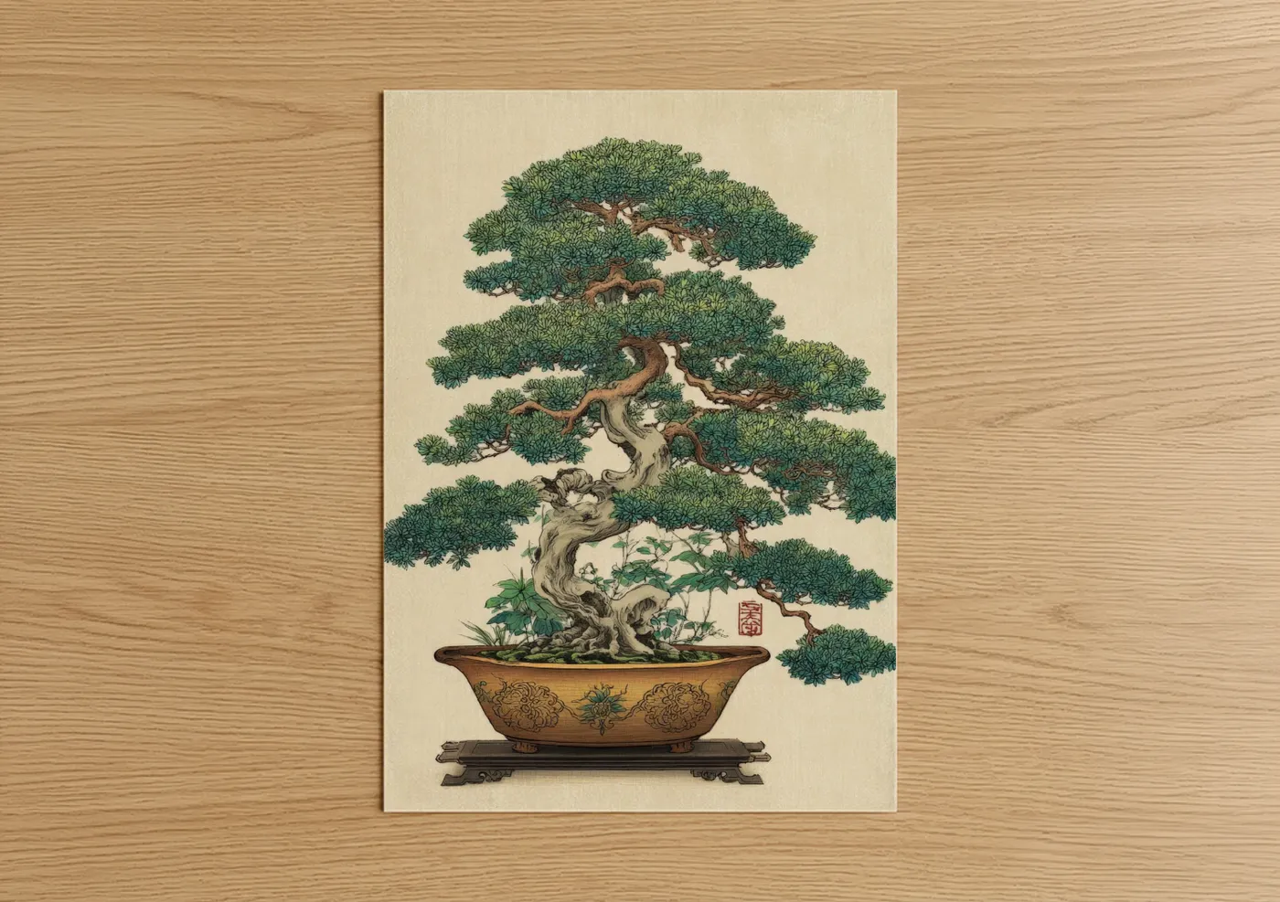Art print on warm oak wood — true green and beige palette — Miniature Bonsai Tree poster