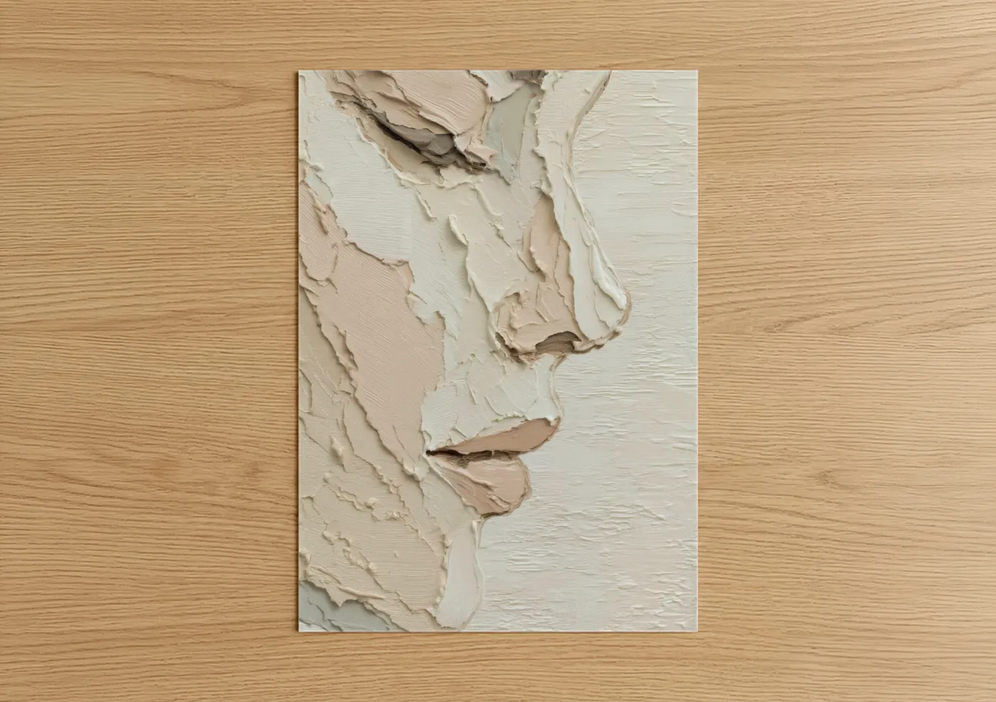 Abstract minimalist art print on warm oak wood — cream and beige palette — Textured Minimalism poster