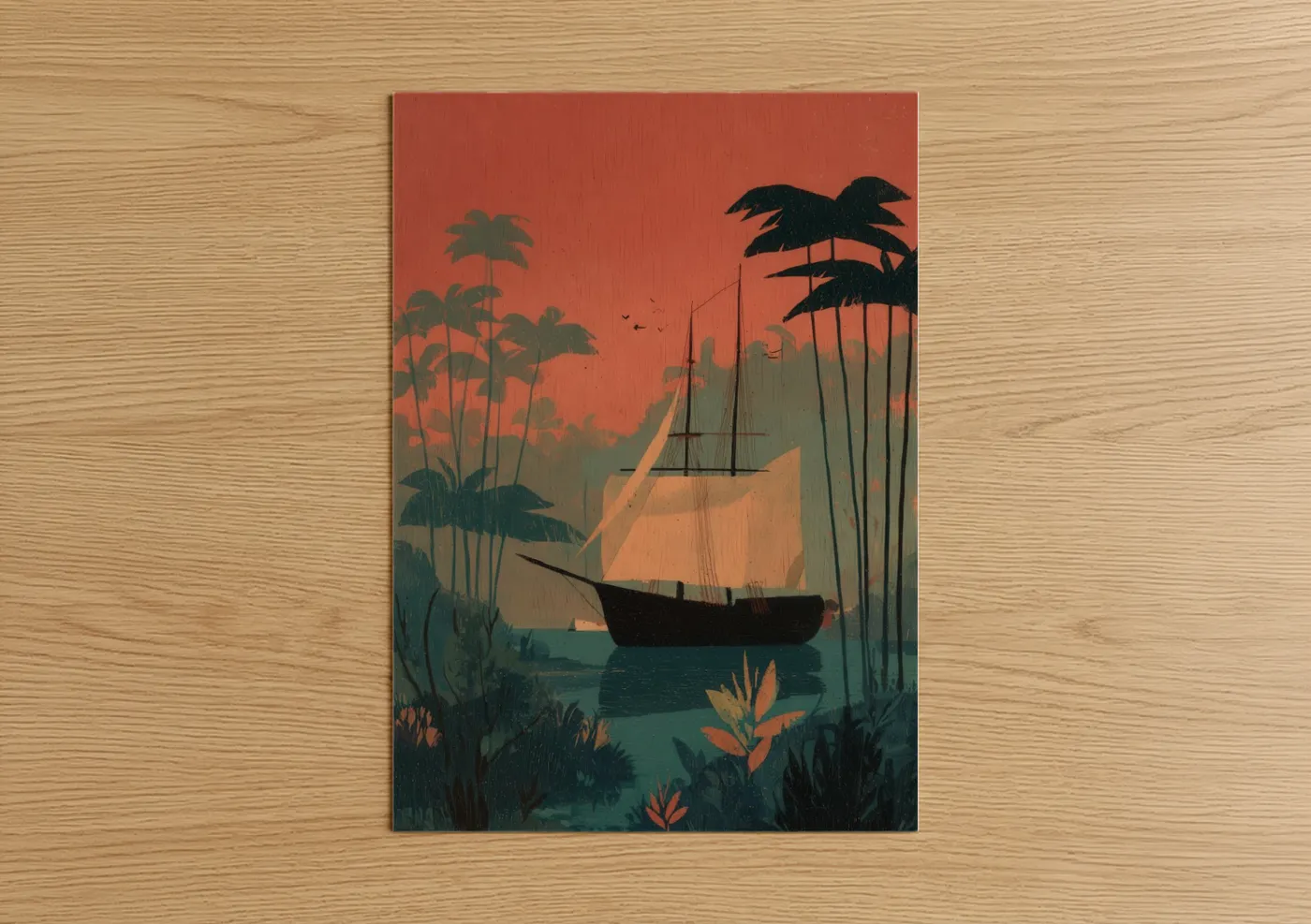 Tropical Sailing Ship Sunset Illustration Wall Art