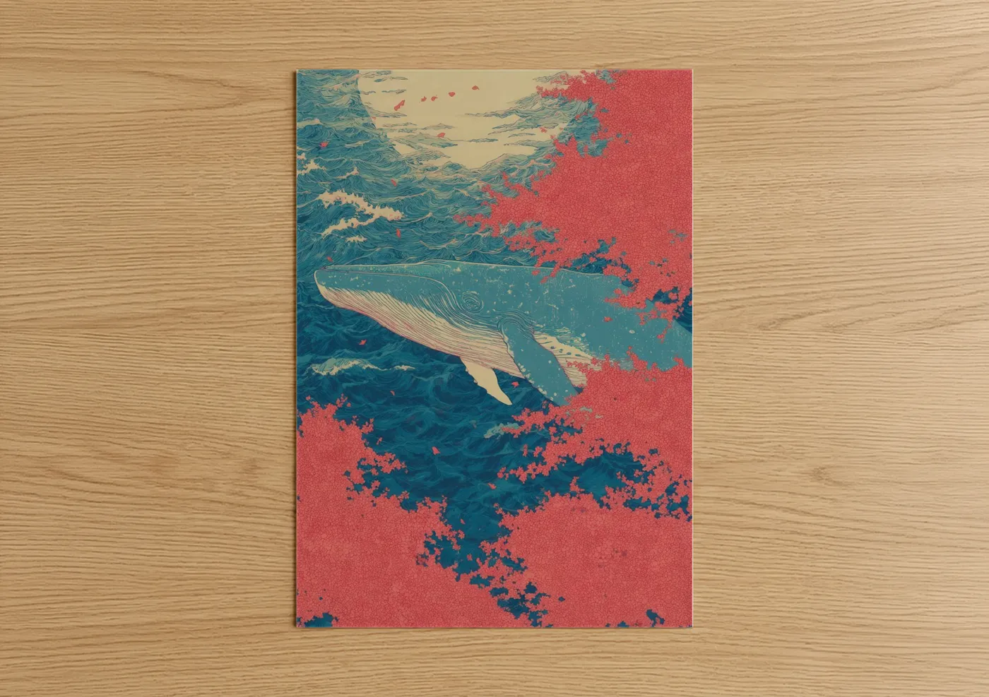 Blue whale art print on warm oak wood — blue and red palette — Crimson Whale poster
