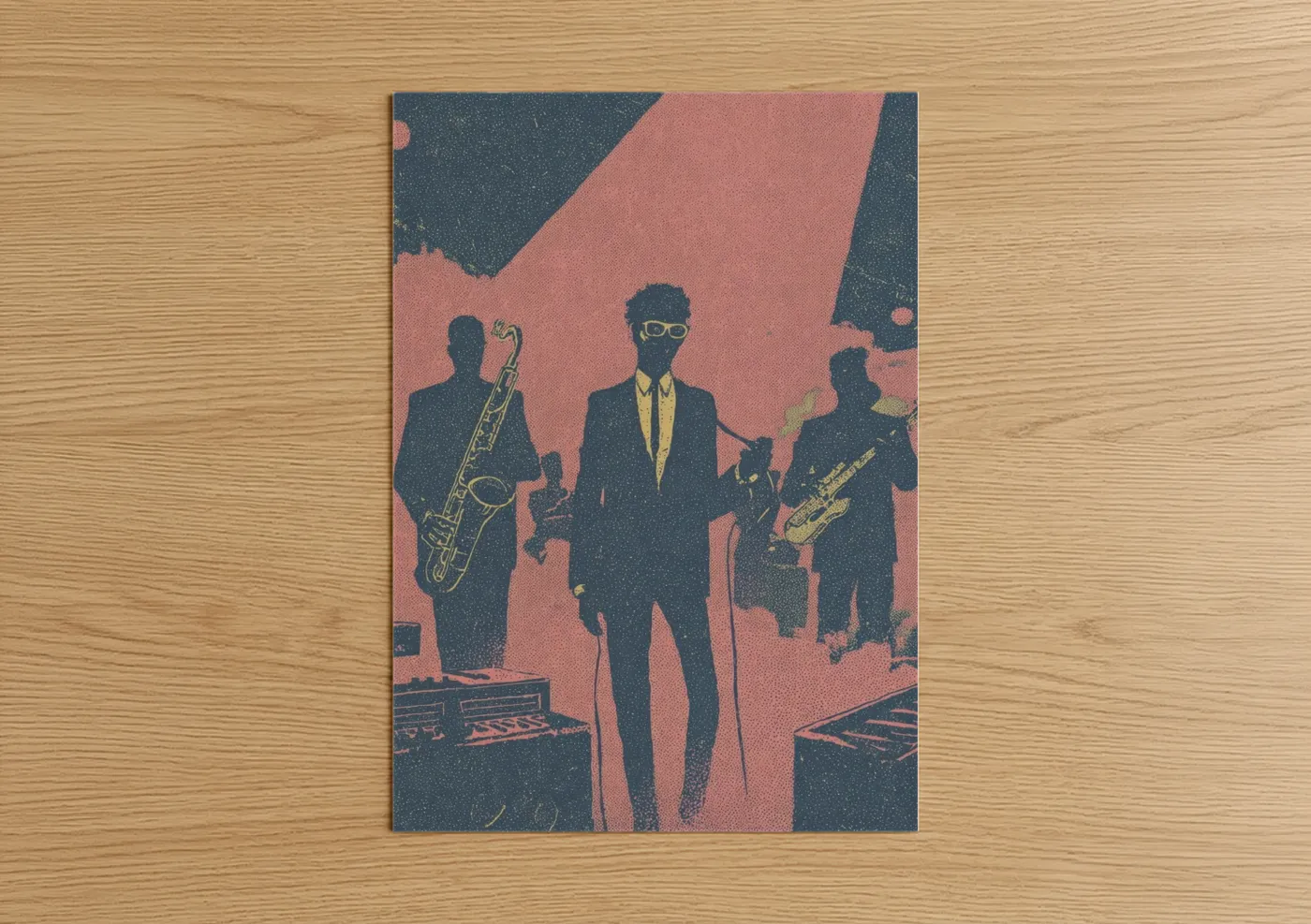 Art print on warm oak wood — salmon pink and dark blue palette — Funk Band Silhouette poster