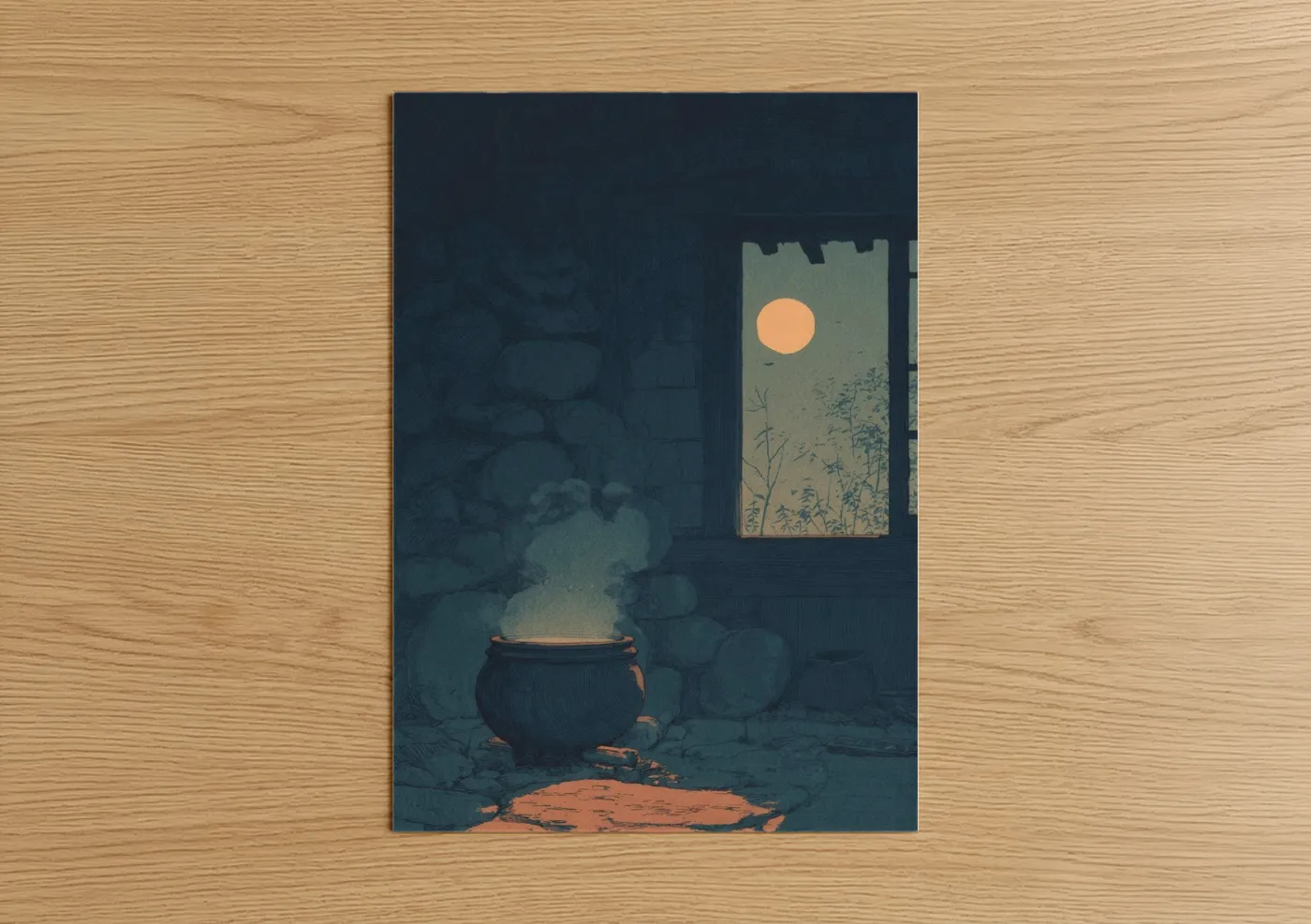 Magic and witchcraft art print on warm oak wood — dark blue and peach palette — Moonlit Cauldron poster