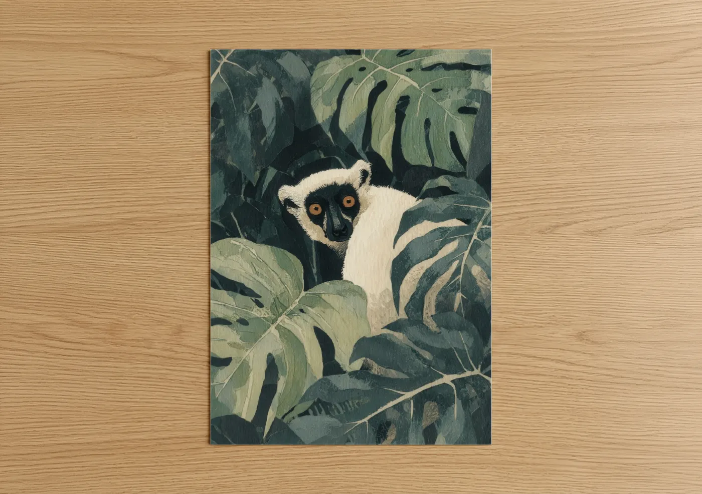 White Lemur Jungle Foliage Watercolor Wall Art