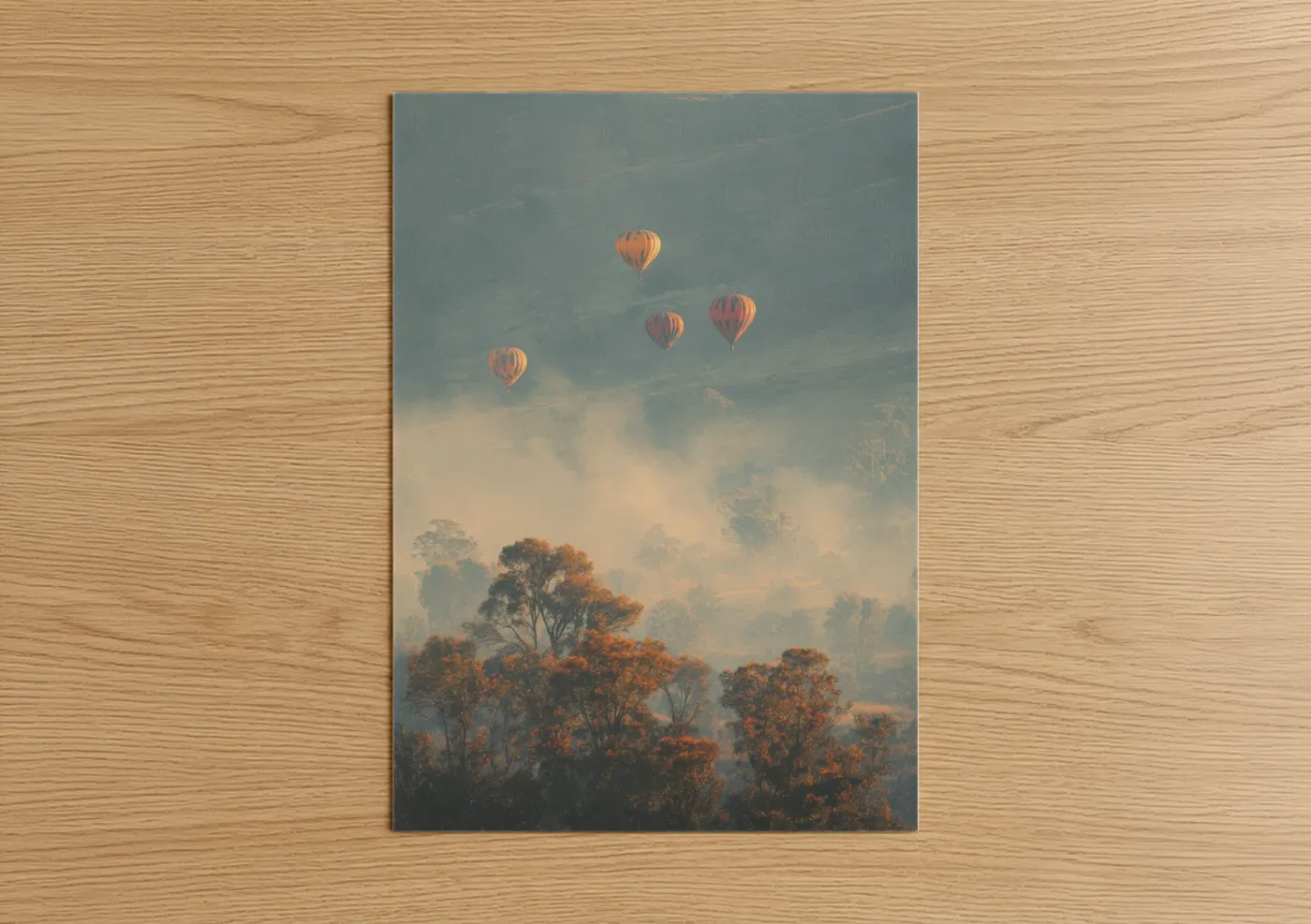 Hot air baloon art print on warm oak wood — peach and dove gray palette — Misty Sunrise Balloons poster
