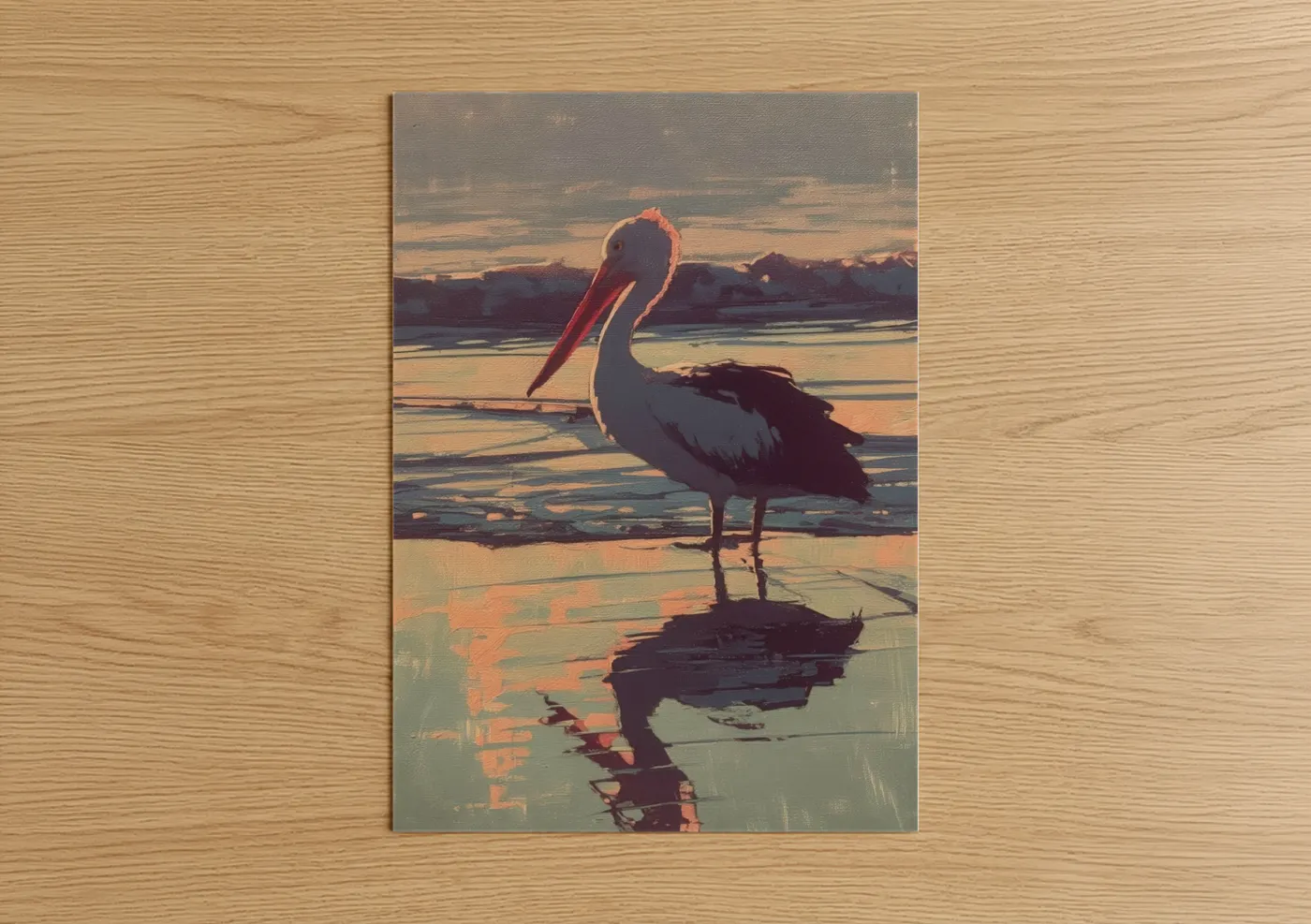 Art print on warm oak wood — gold and russet palette — Sunset Pelican poster