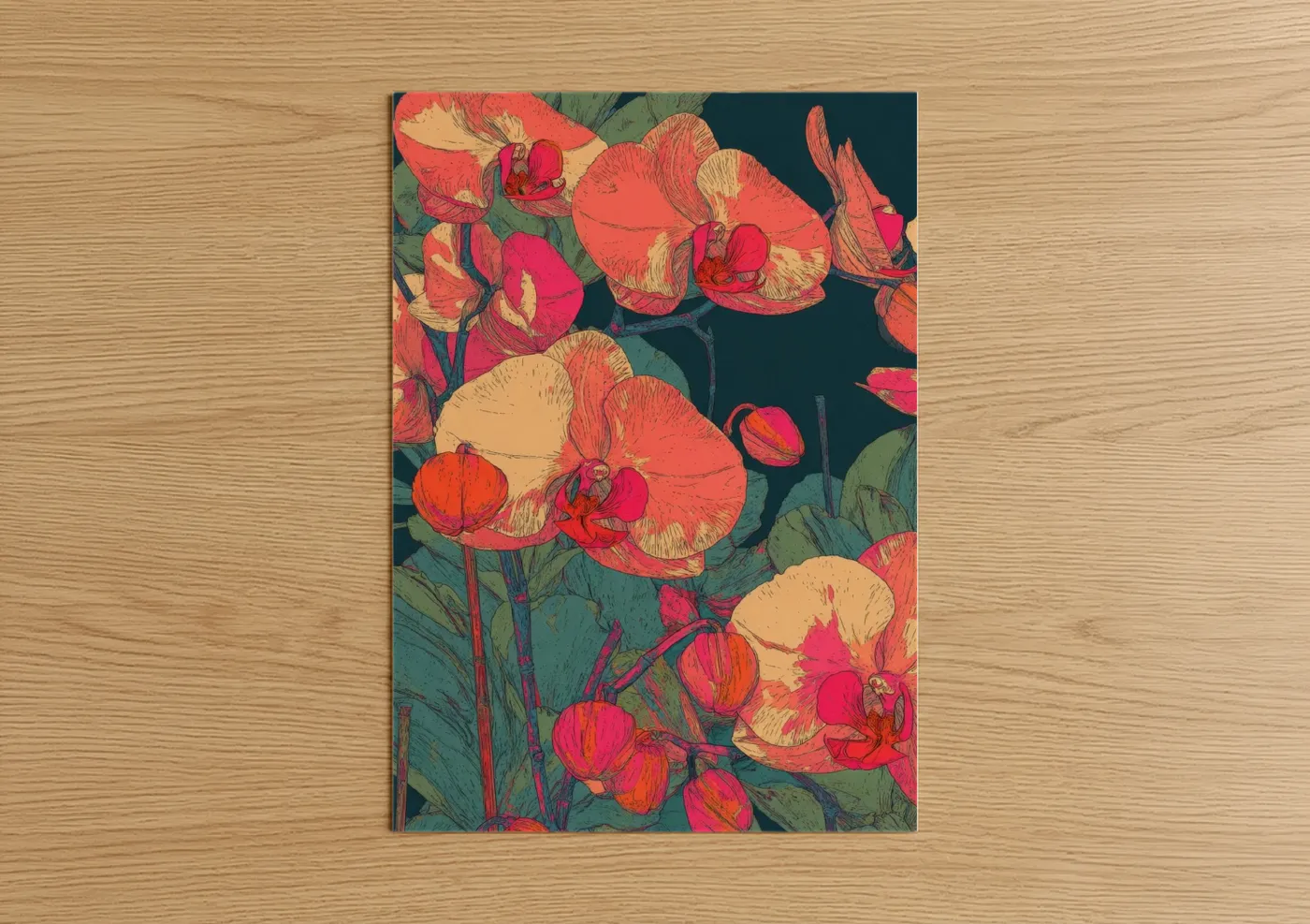 Art print on warm oak wood — red and gold and teal palette — Coral Orchid Cluster poster