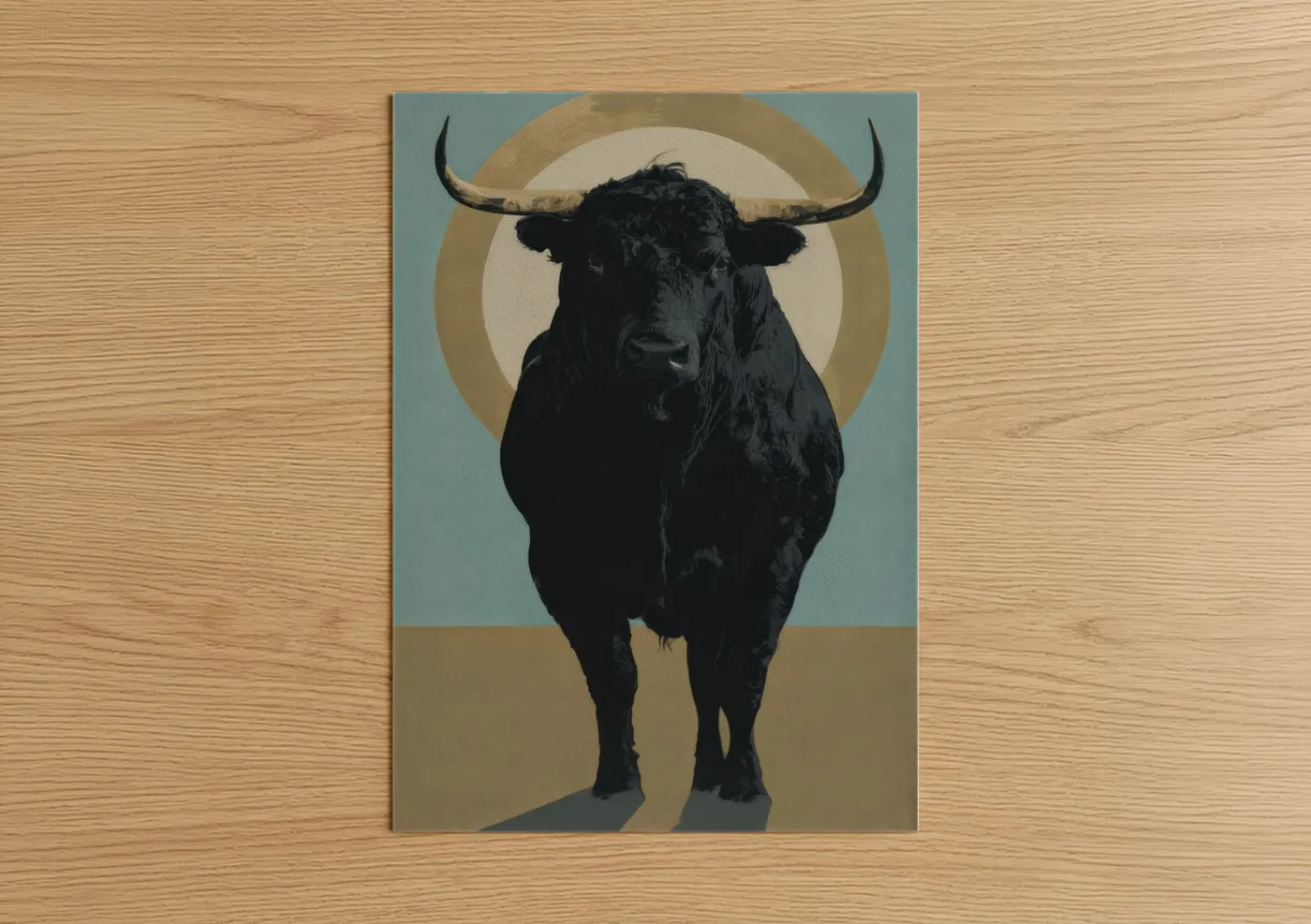 Angus cow art print on warm oak wood — gold and black palette — Sacred Angus poster