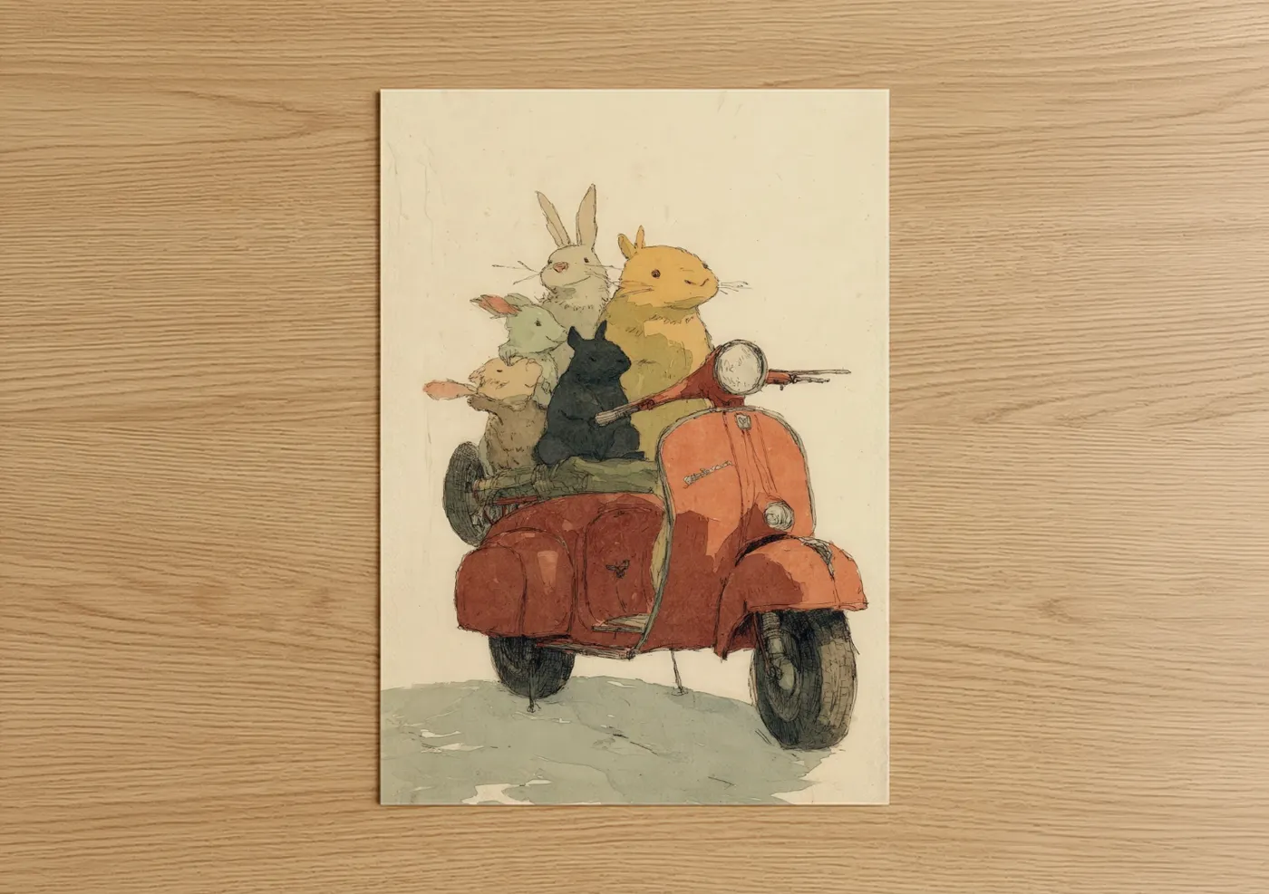 Whimsical Rabbit Scooter Illustration Wall Art