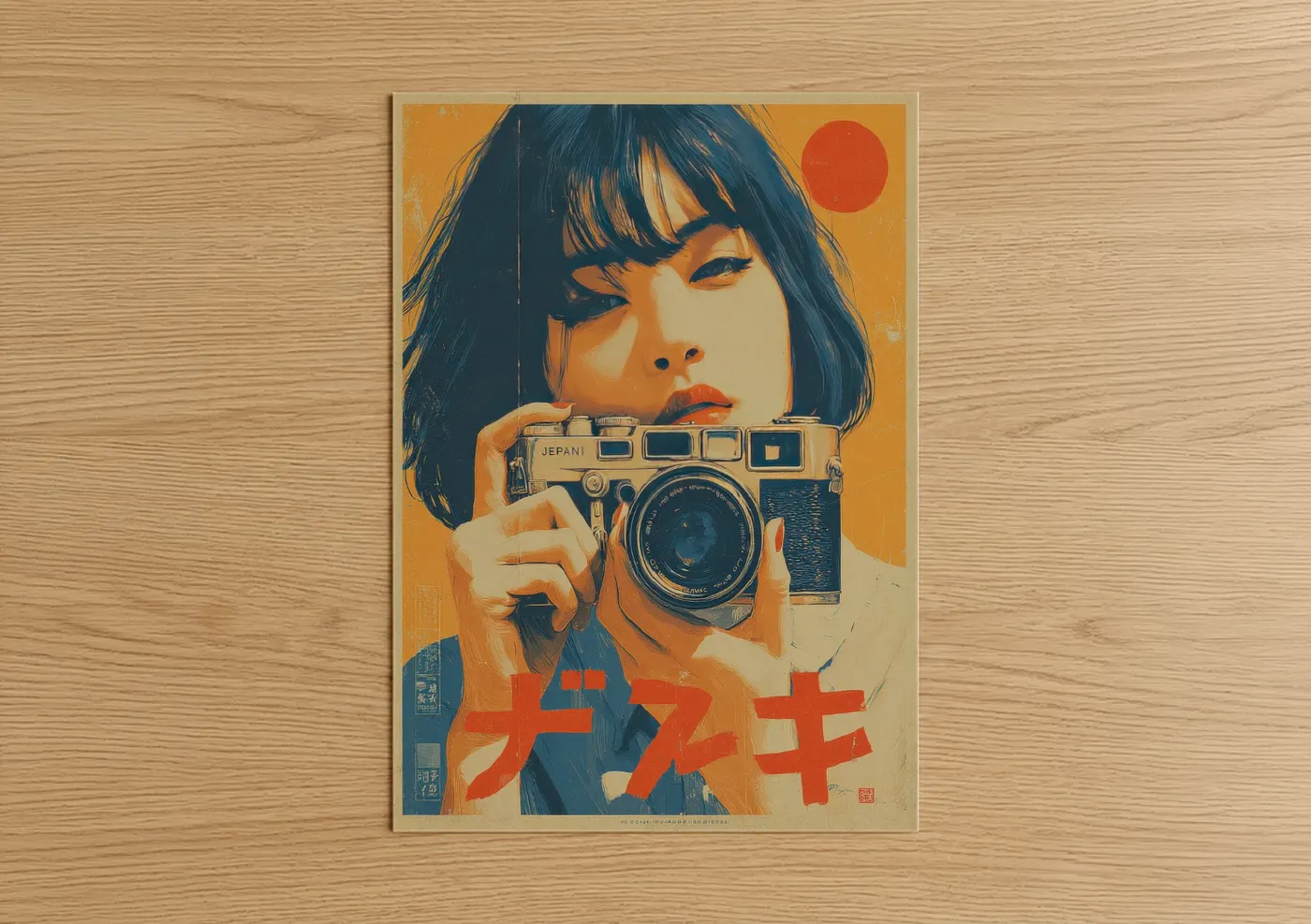 Vintage japanese ads art print on warm oak wood — gold and dark blue palette — Camera Girl Retro poster
