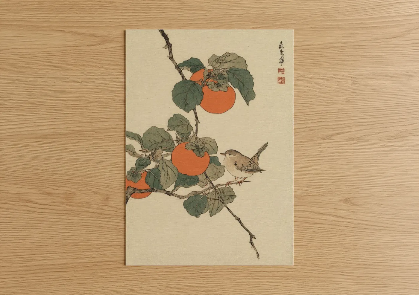 Medlar Fruit with Songbird Japanese Wall Art