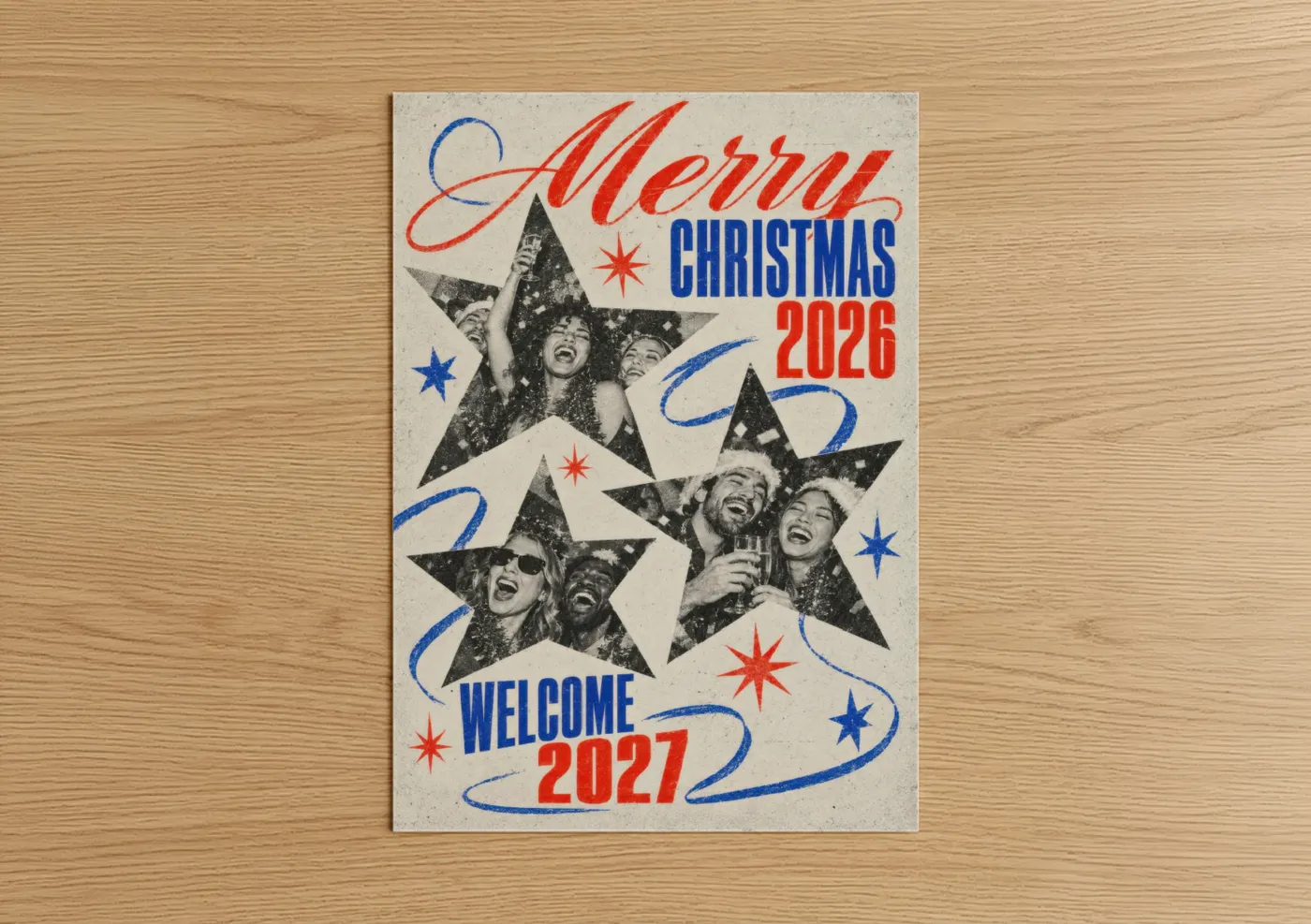 Art print on warm oak wood — red and blue palette — Vintage Christmas Party Celebration Wall Art poster
