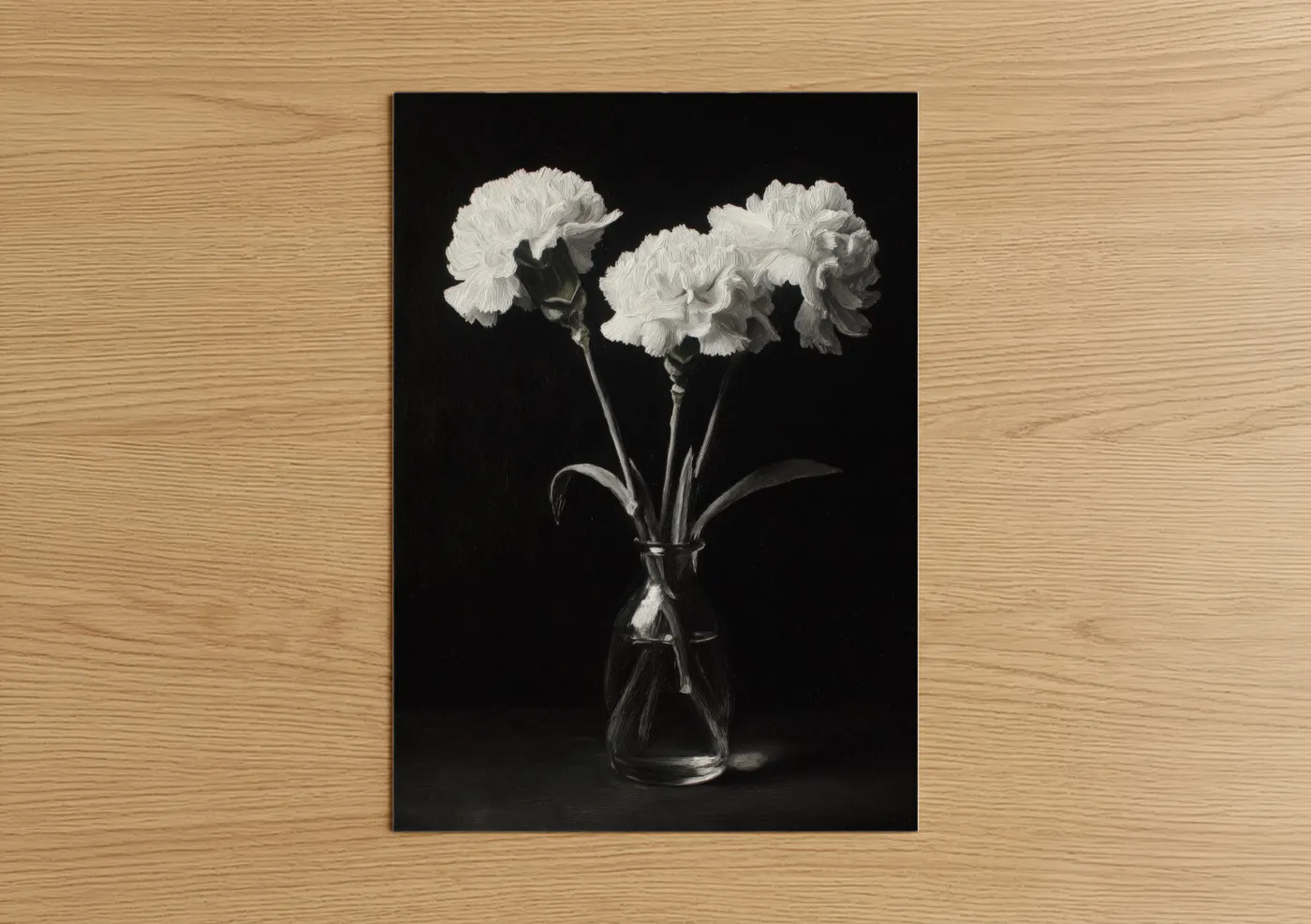Art print on warm oak wood — black and white and white palette — Ethereal White Carnations poster