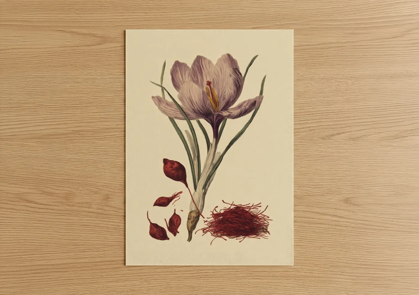 Herbs and spices art print on warm oak wood — lavender and cream palette — Purple Crocus Botanical poster