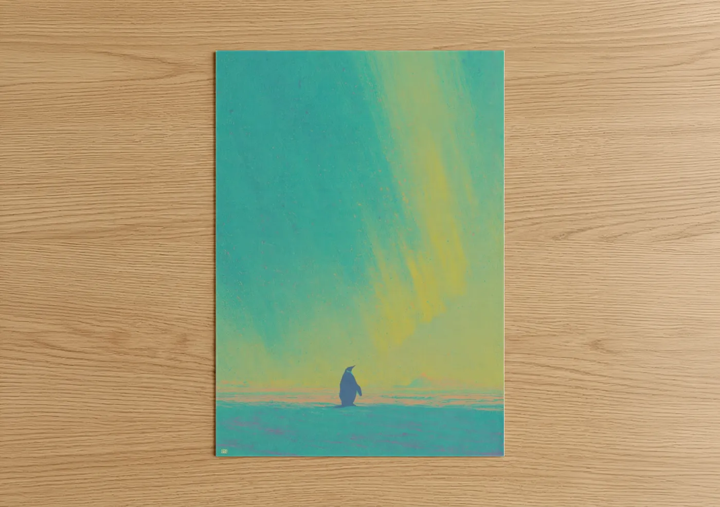 Solitary Penguin Sunset Watercolor Wall Art