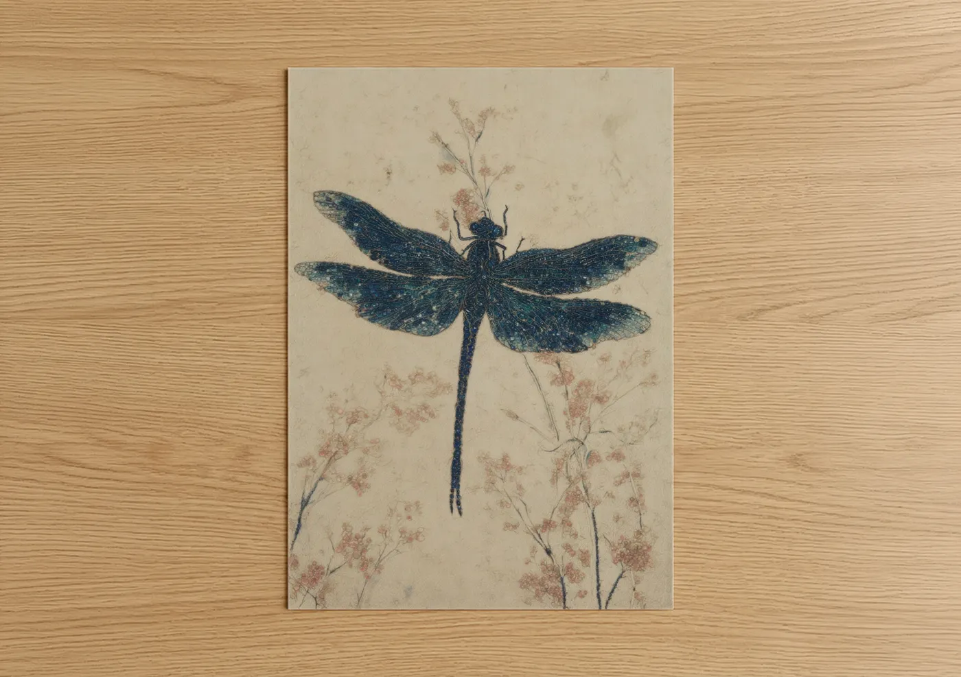Indigo Dragonfly Botanical Illustration Wall Art