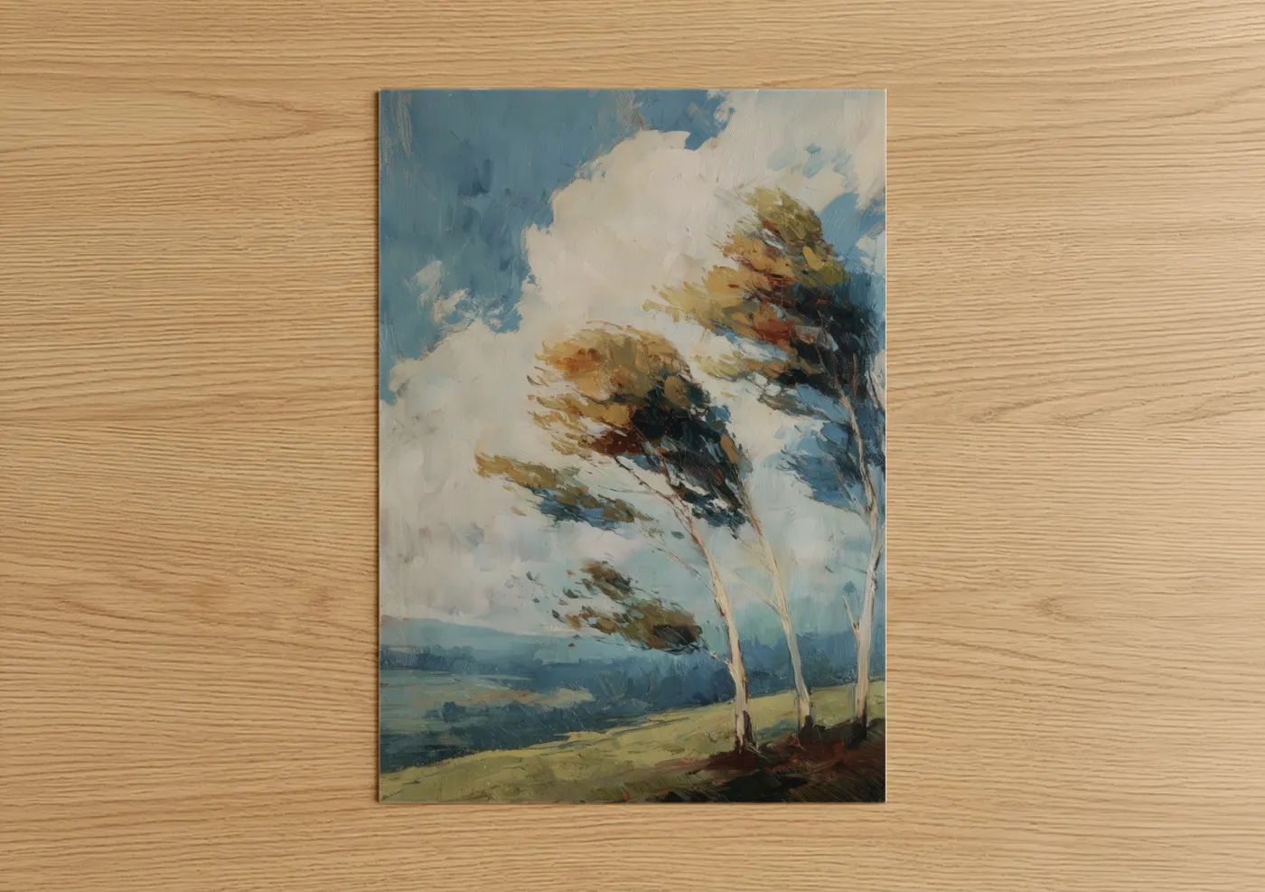 Eucalyptus forest art print on warm oak wood — blue and gold and white palette — Windswept Eucalyptus poster