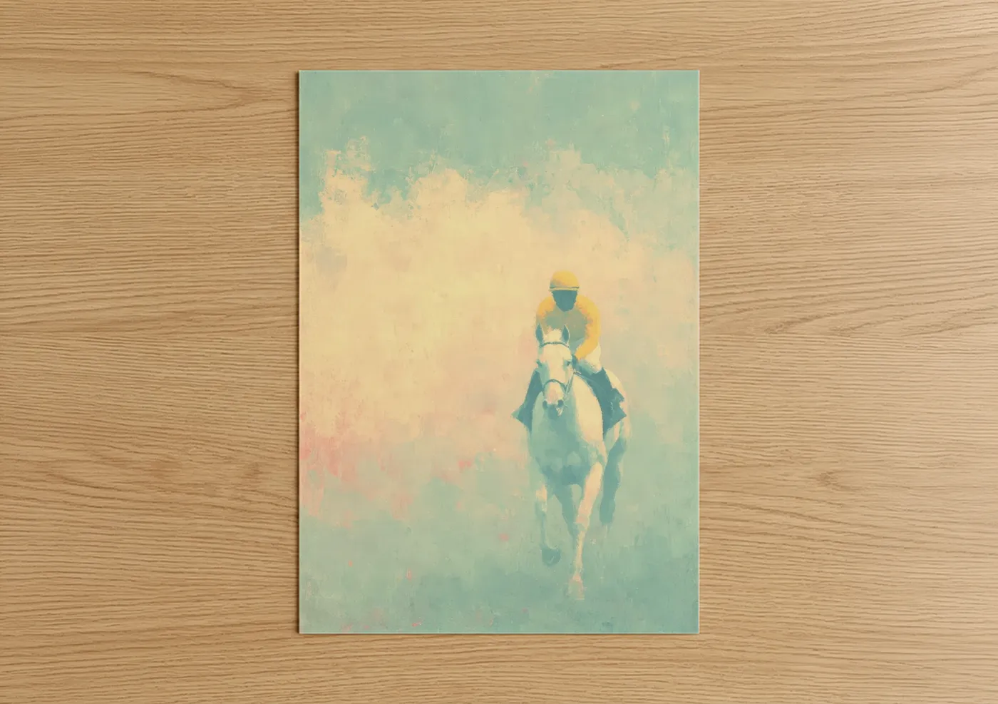 Horse racing art print on warm oak wood — light green and cream palette — Golden Hour Racer poster