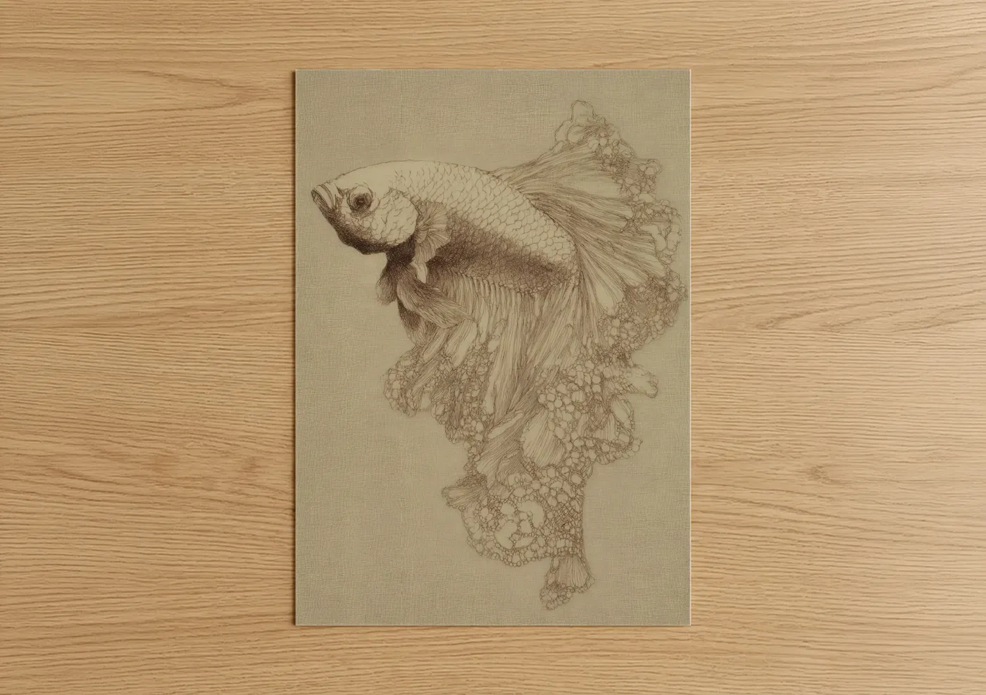 Art print on warm oak wood — beige and black and white palette — Flowing Betta Fish poster