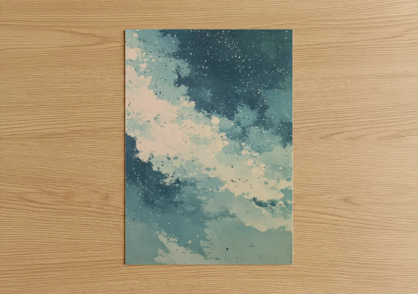 Space art print on warm oak wood — teal and cream palette — Cosmic Nebula poster