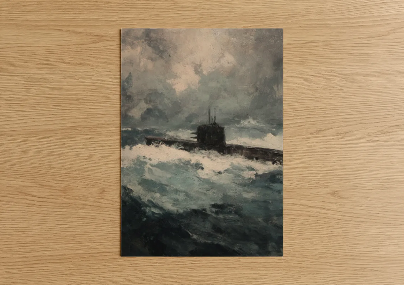 Art print on warm oak wood — gray and teal palette — Stormy Submarine poster