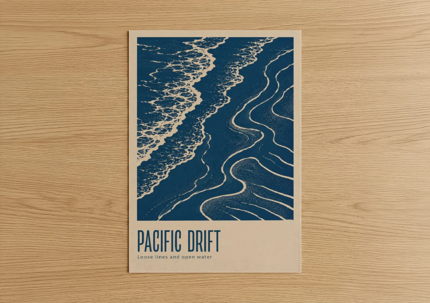 Seascapes and ocean art print on warm oak wood — blue and cream palette — Ocean Waves Abstract Minimalist Wall Art poster