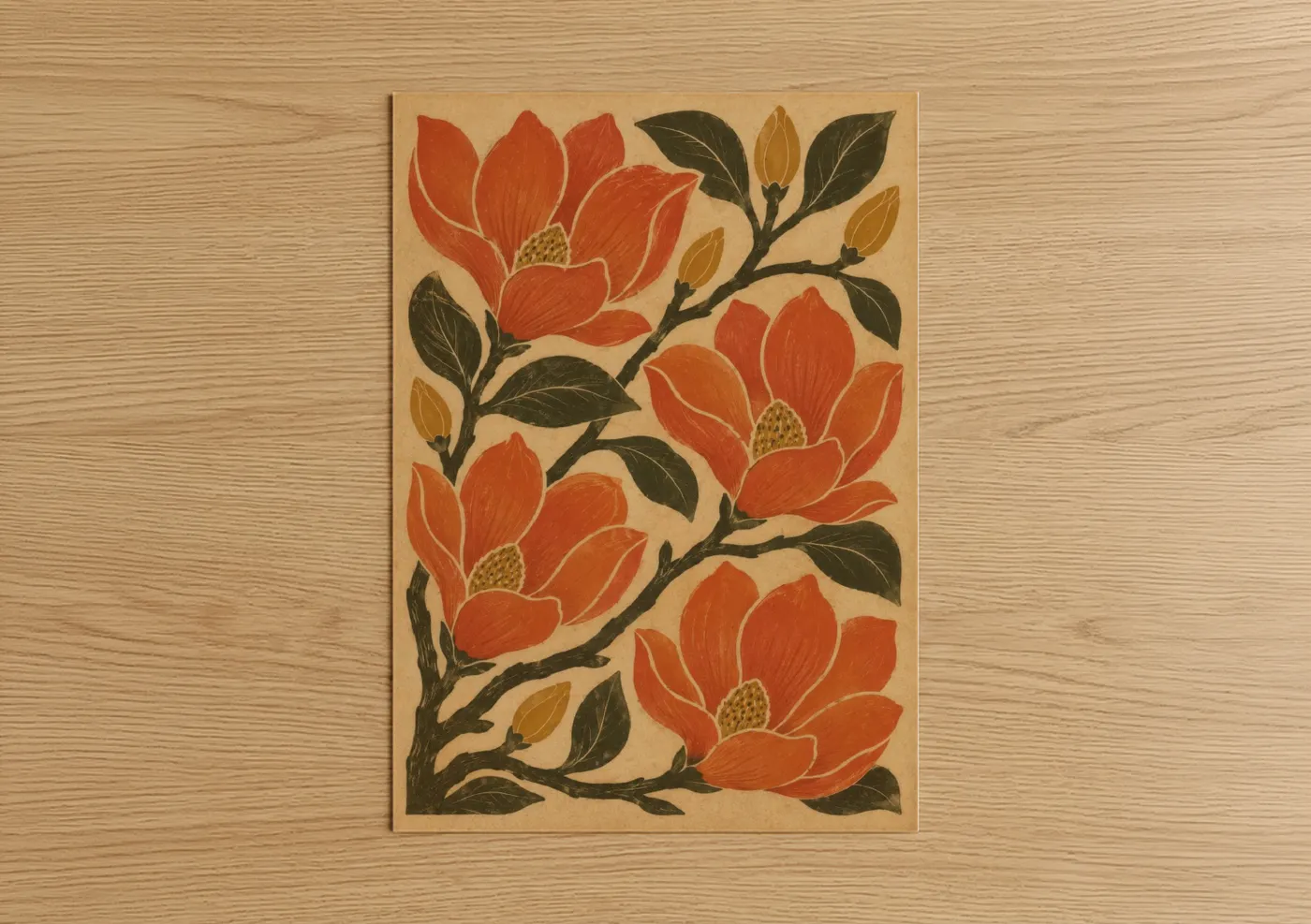 Art print on warm oak wood — orange and beige palette — Vintage Magnolia Blossom Wall Art poster