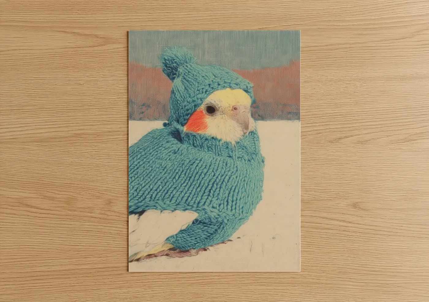 Art print on warm oak wood — teal and cream palette — Cozy Cockatiel poster