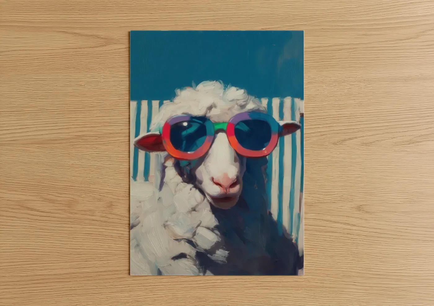 Art print on warm oak wood — blue and magenta palette — Cool Sheep Vibes poster