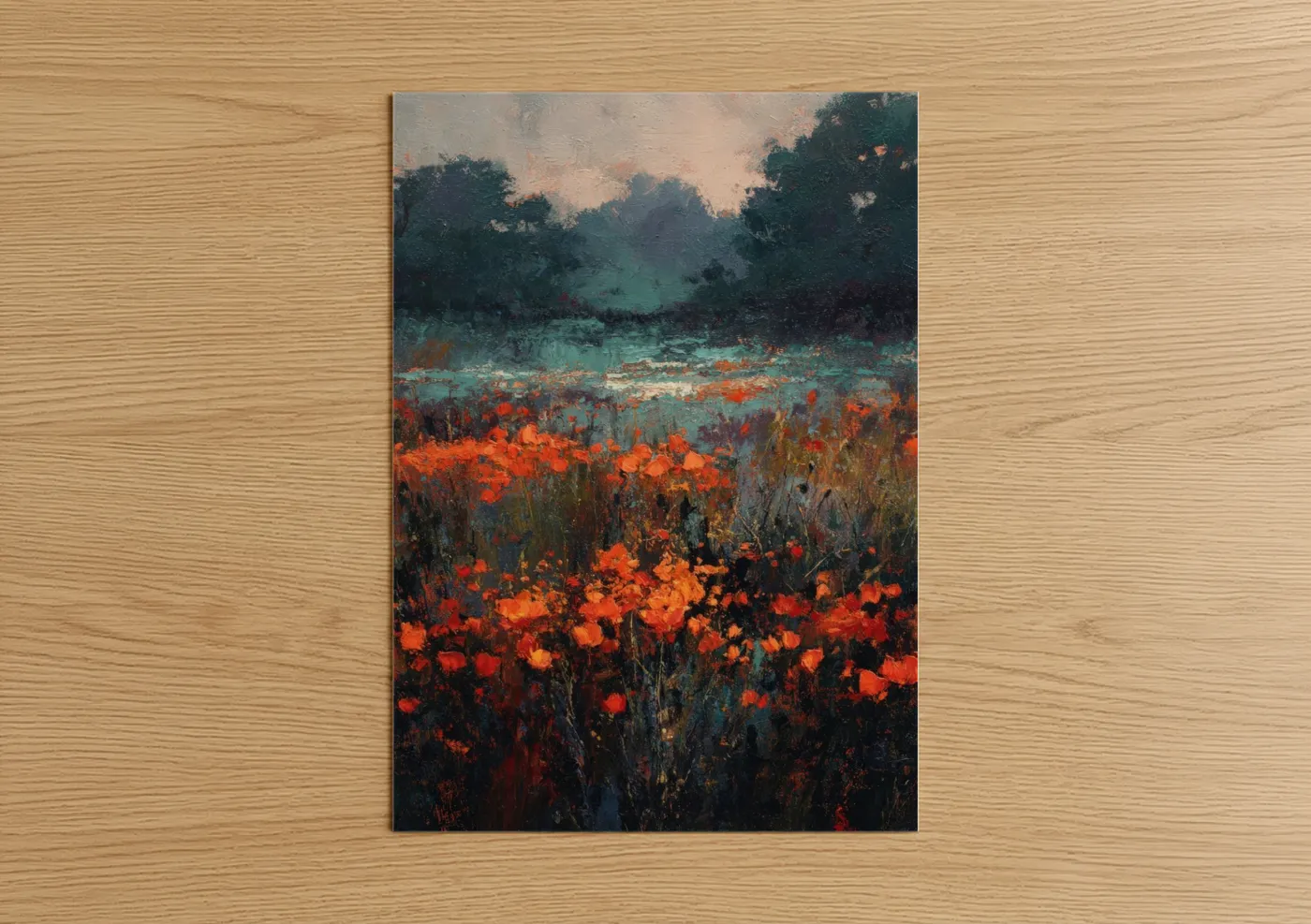 Poppies art print on warm oak wood — red and teal palette — Crimson Poppy Meadow poster