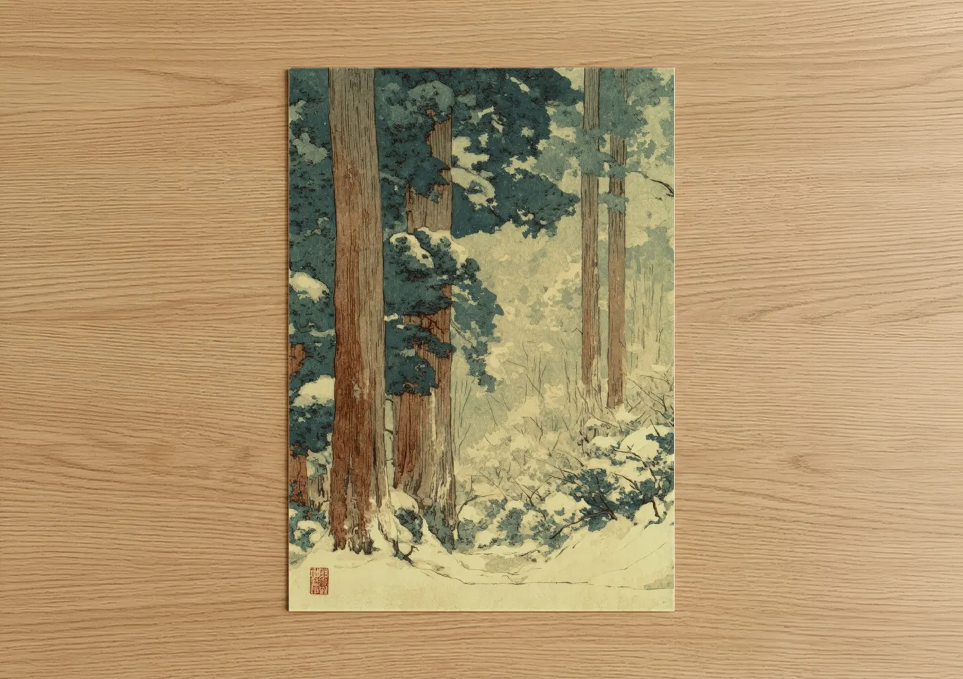 Art print on warm oak wood — cream and teal palette — Snowy Cedar Forest poster