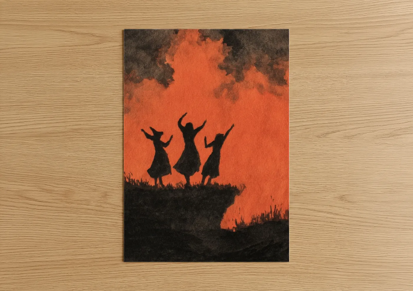 Magic and witchcraft art print on warm oak wood — orange and black palette — Witches' Ritual poster