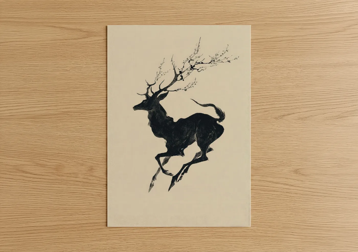 Art print on warm oak wood — black and cream palette — Winter Reindeer poster