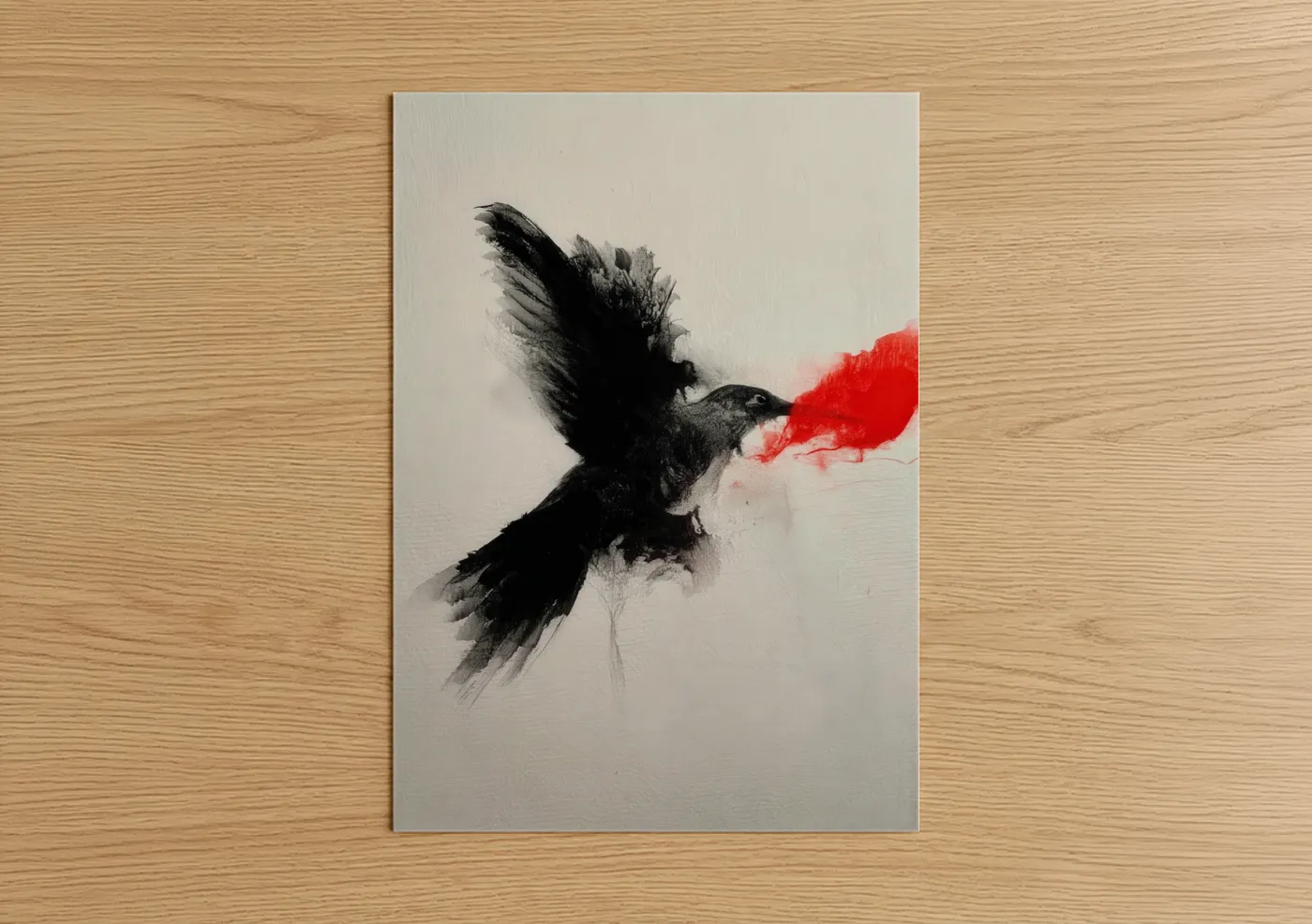 Art print on warm oak wood — black and red palette — Crimson Hummingbird poster