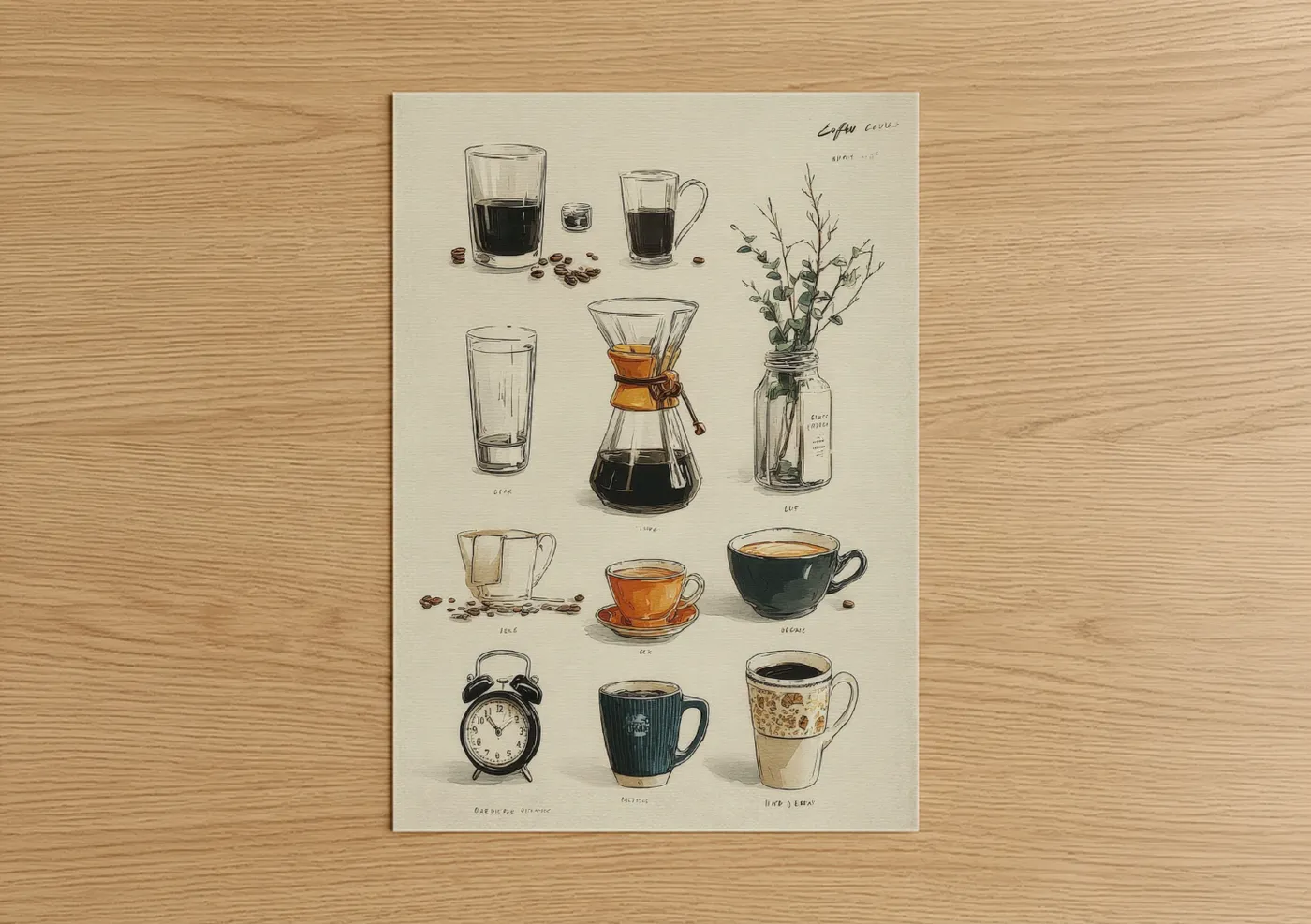 Art print on warm oak wood — cream and black and white palette — Coffee Study Guide poster