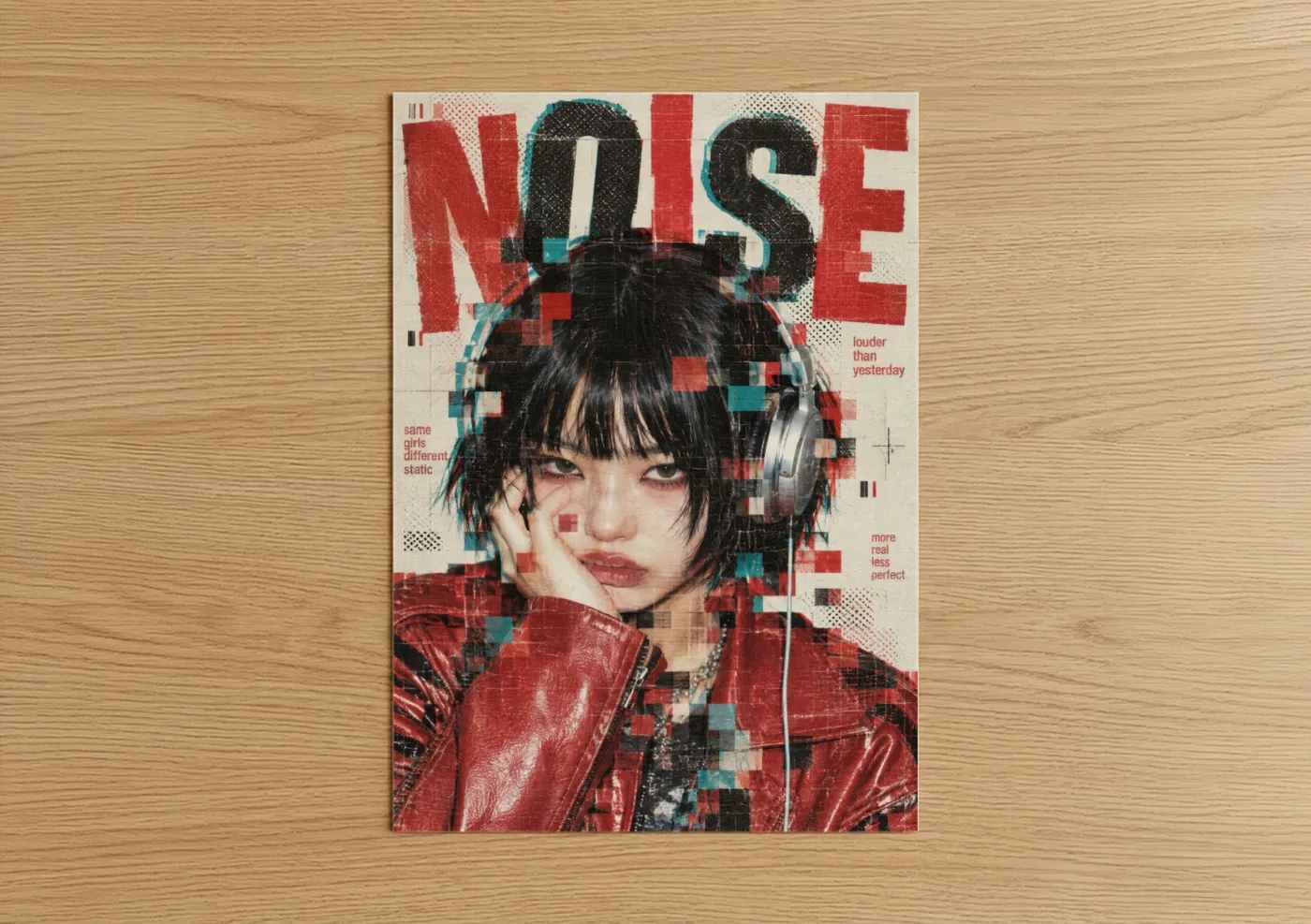 Fashion illustration art print on warm oak wood — red and black and red palette — Japanese Y2K Fashion Headphones Wall Art poster