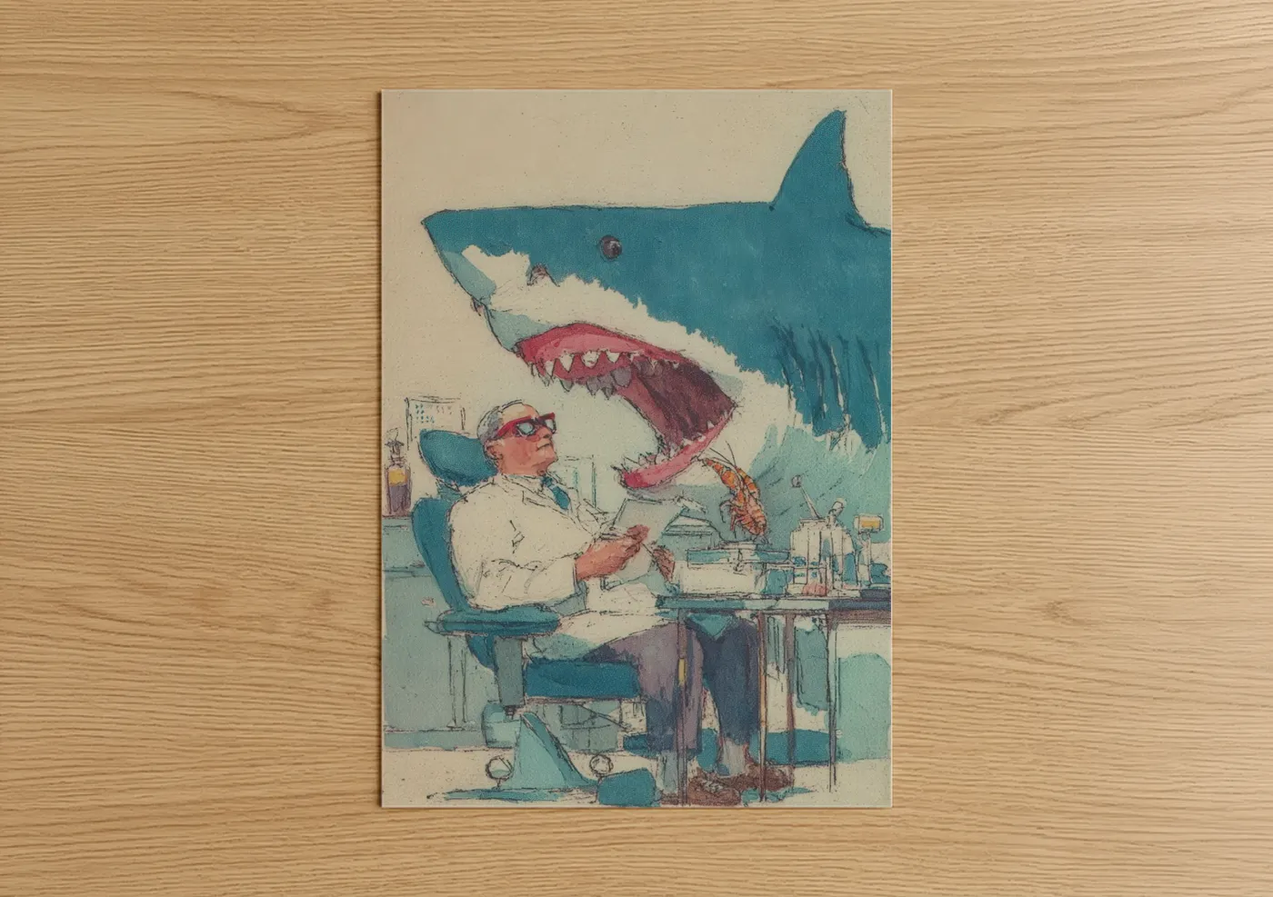 Mad Scientist Blue Shark Illustration Wall Art