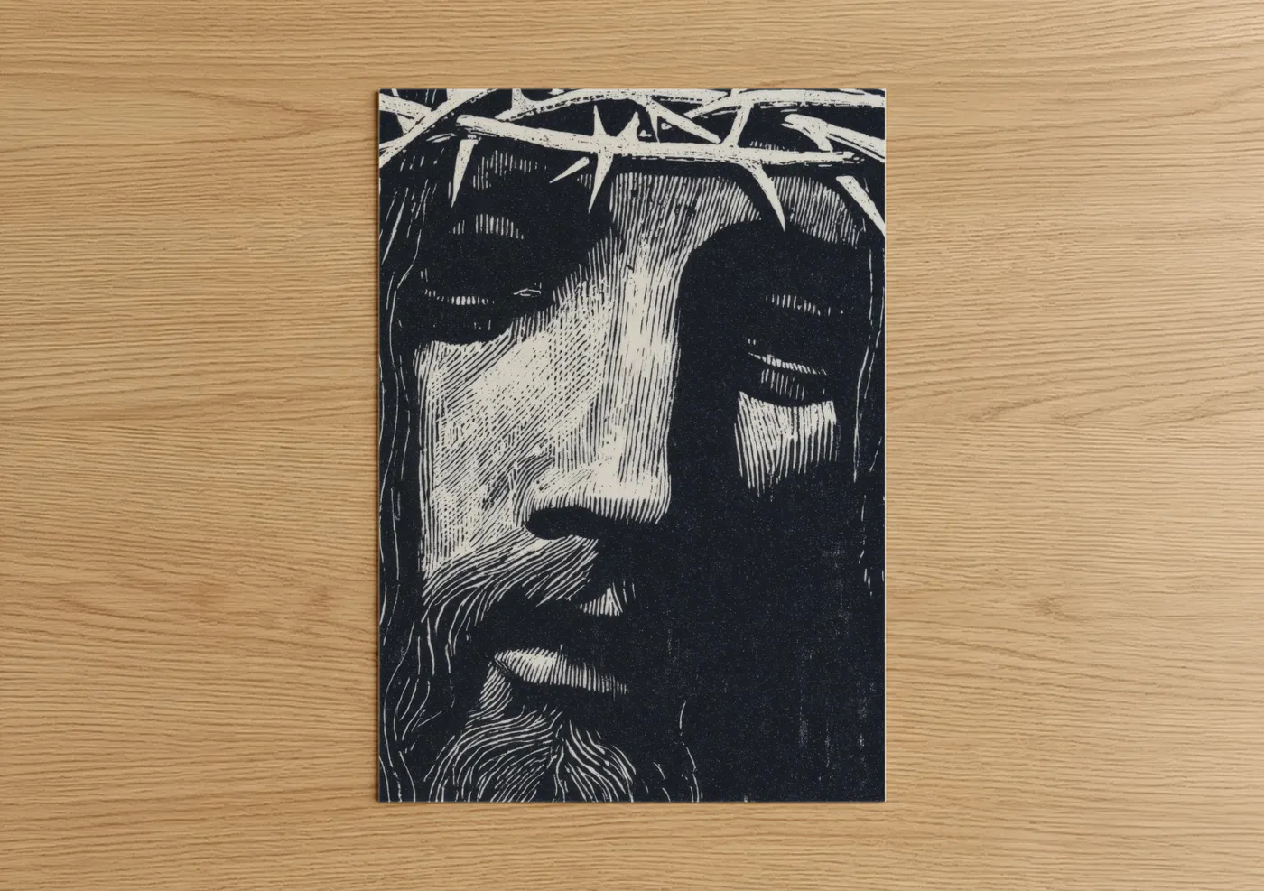 Jesus christ art print on warm oak wood — black and white palette — Crown of Thorns poster