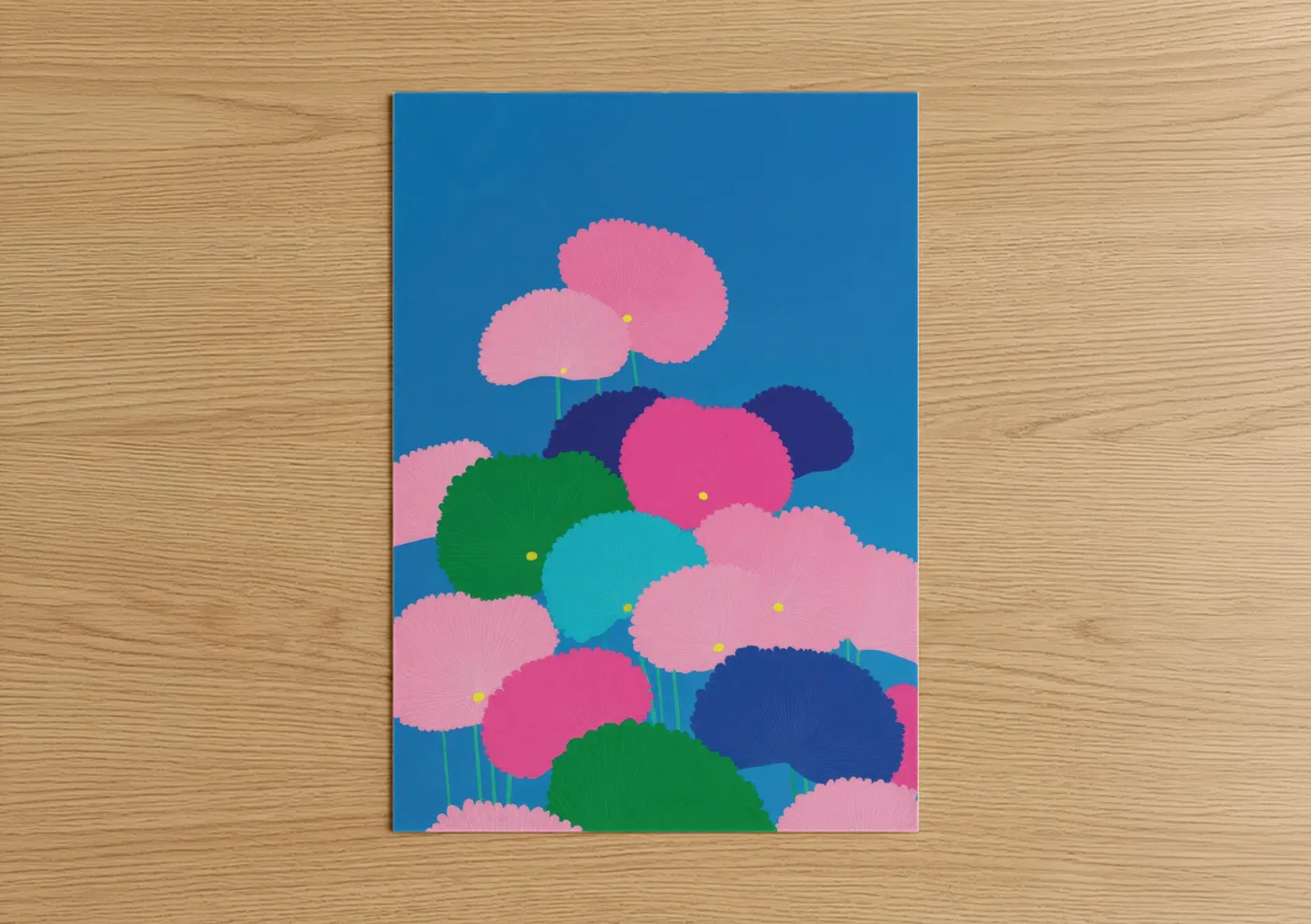Art print on warm oak wood — pink and blue palette — Vibrant Lotus Garden poster