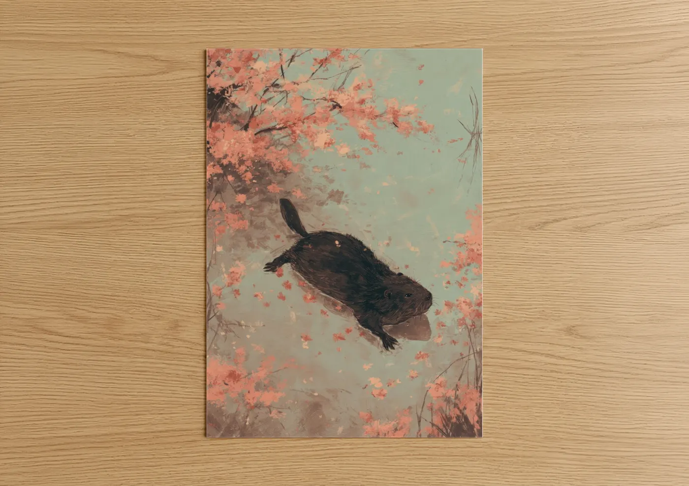 Art print on warm oak wood — salmon pink and sage green palette — Autumn Beaver poster
