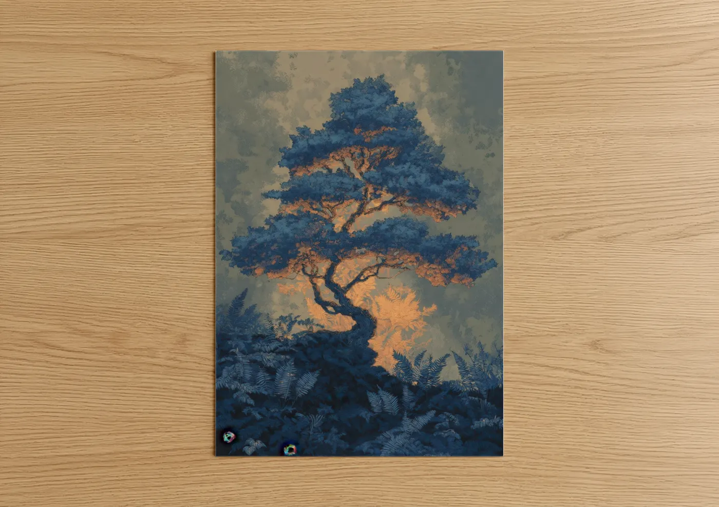 Bonsai tree art print on warm oak wood — blue and gold palette — Golden Bonsai poster