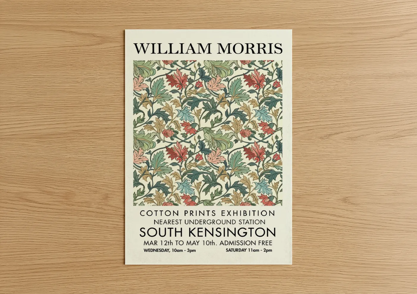 Abstract flower art print on warm oak wood — sage green palette — Morris Botanical poster