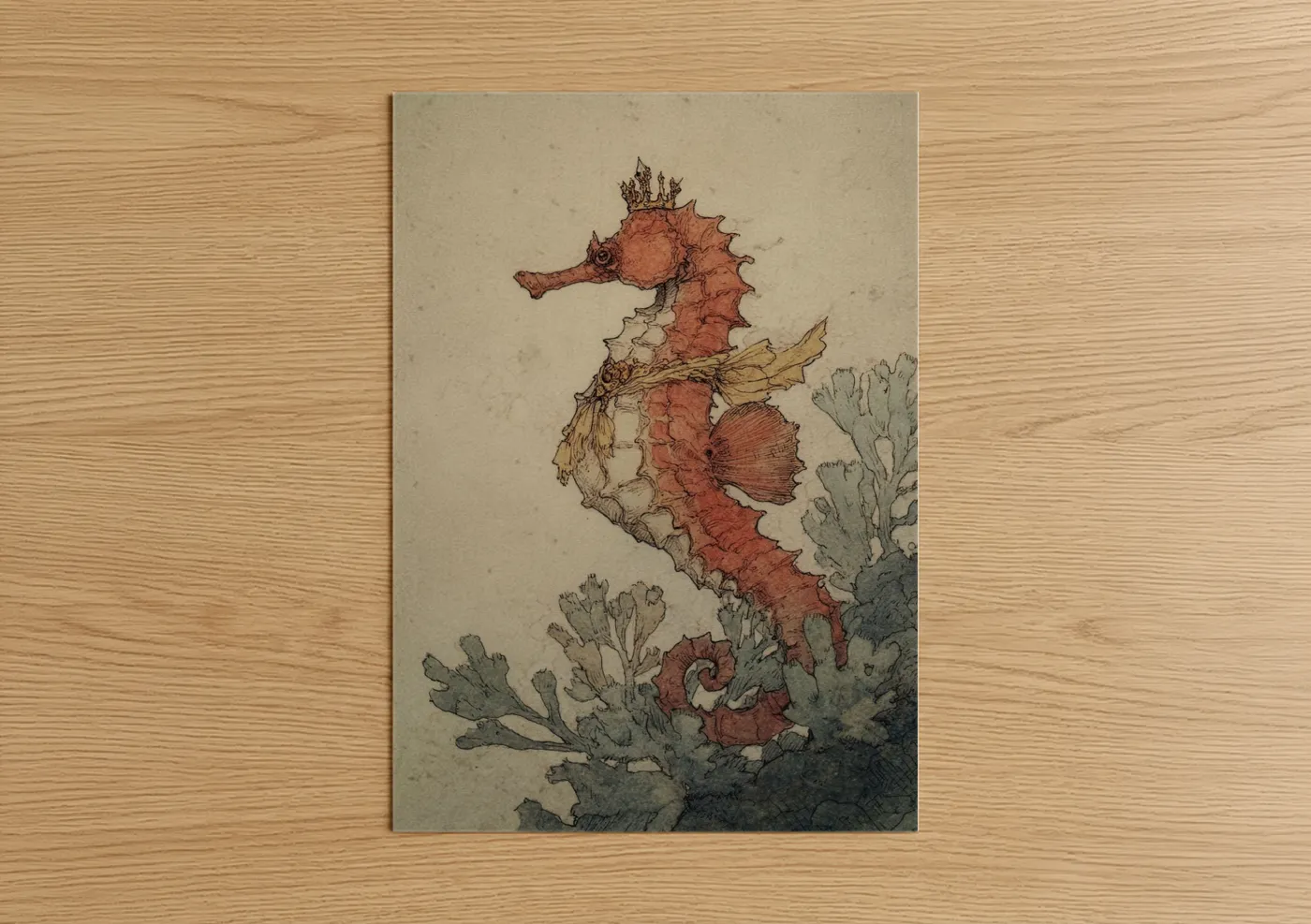 Crowned Seahorse Seabed Illustration Wall Art
