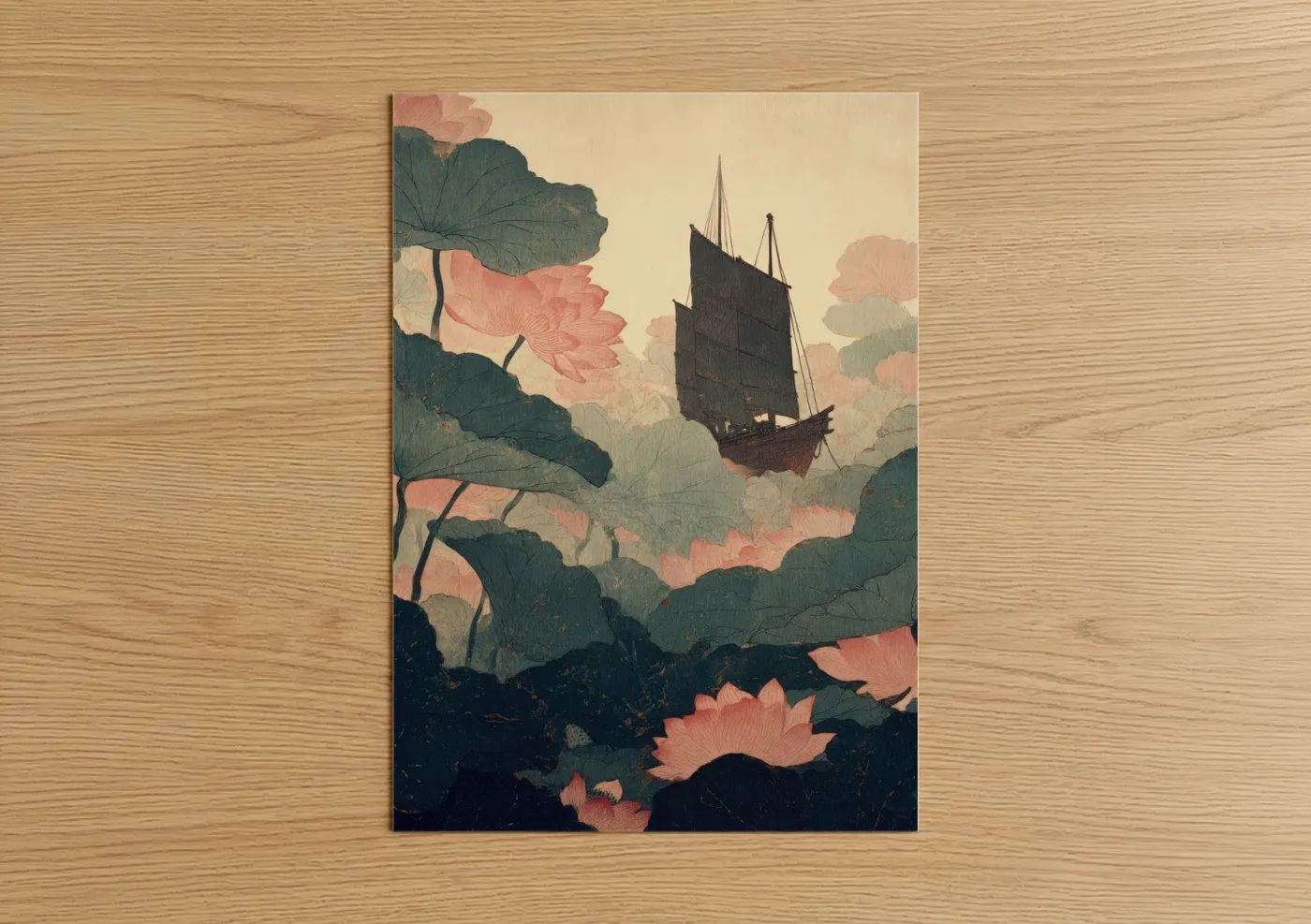 Vintage Ship Lotus Pond Fantasy Wall Art