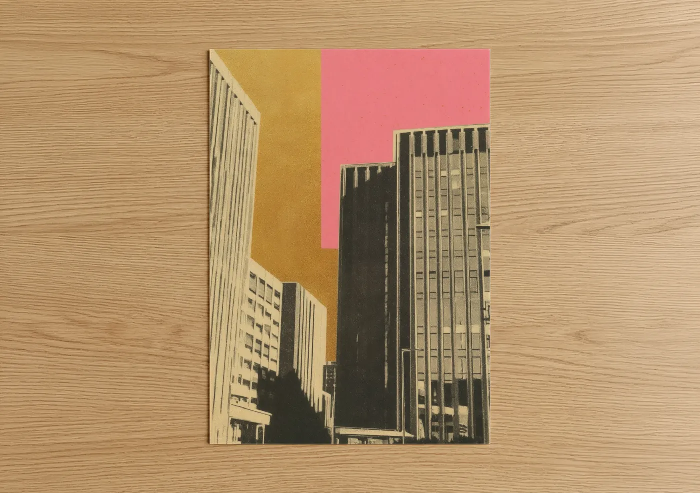 Abstract architecture art print on warm oak wood — gold and salmon pink palette — Geometric Cityscape poster